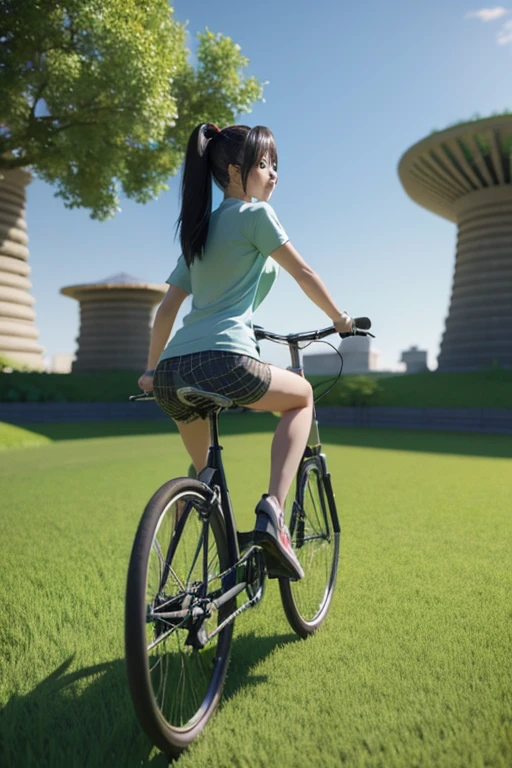a woman riding a bike through a lush green field, an anime drawing, mischievous!!, sakura kinomoto, ( ( ( ( 3 d render ) ) ) ), in the middle of round ruins