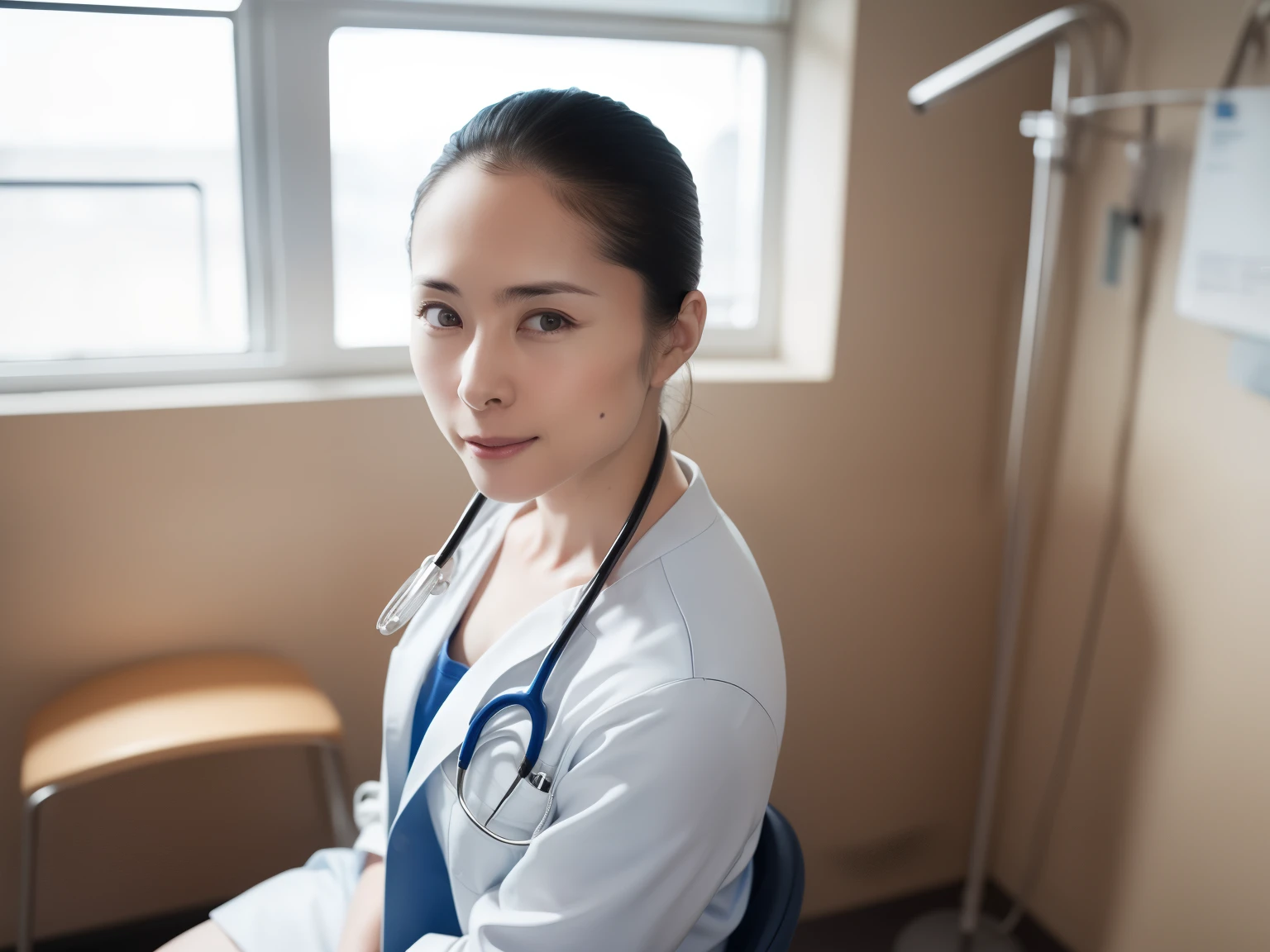 (RAW photo, highest quality),masterpiece, Natural light, 1 girl, smooth hair、wear a lab coat over a scrub, Hospital examination room, Stethoscope,head shot