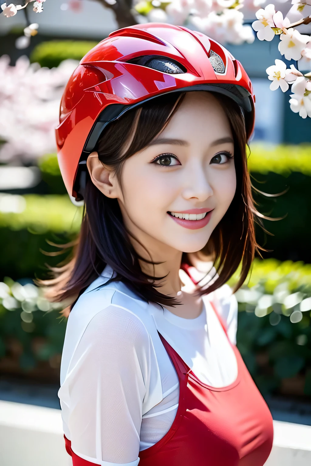 Ride a red bike down the hill,japanese animation,cinematic,sunlight,elegant girl ,big ass、cheerful smile,(black、white、red tight bicycle jersey,)black、white、wearing a red bicycle helmet,big breasts,( Shiny reddish brown short hair,)Cherry blossoms with falling petals,detailed hairstyle,very detailed