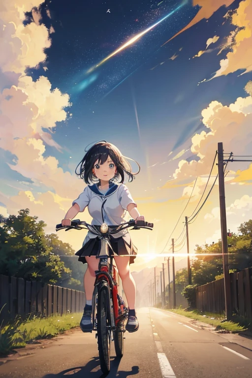 a woman riding a bike down a dirt road, inspired by Leiko Ikemura, pixiv contest winner, girl in space, megastructure in the background, shirobako, vacation photo
