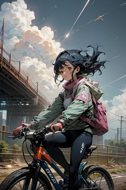 a woman riding a bike down a dirt road, inspired by Leiko Ikemura, pixiv contest winner, girl in space, megastructure in the background, shirobako, vacation photo

