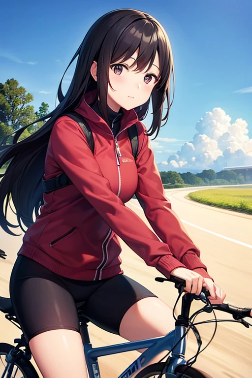 a woman riding a bike down a dirt road, inspired by Leiko Ikemura, pixiv contest winner, girl in space, megastructure in the background, shirobako, vacation photo
