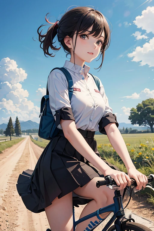 close up photo, a Japanese schoolgirl riding a bicycle along the rural road, landscape, hyper-realistic shadows, cartoon, animation, night scenery, wide angle, (sunset: 1.7), grassland, horizon, riverside , beautiful sky, memory, detailed, Silhouette, backlight, contrast, sailor_fuku, short skirt,