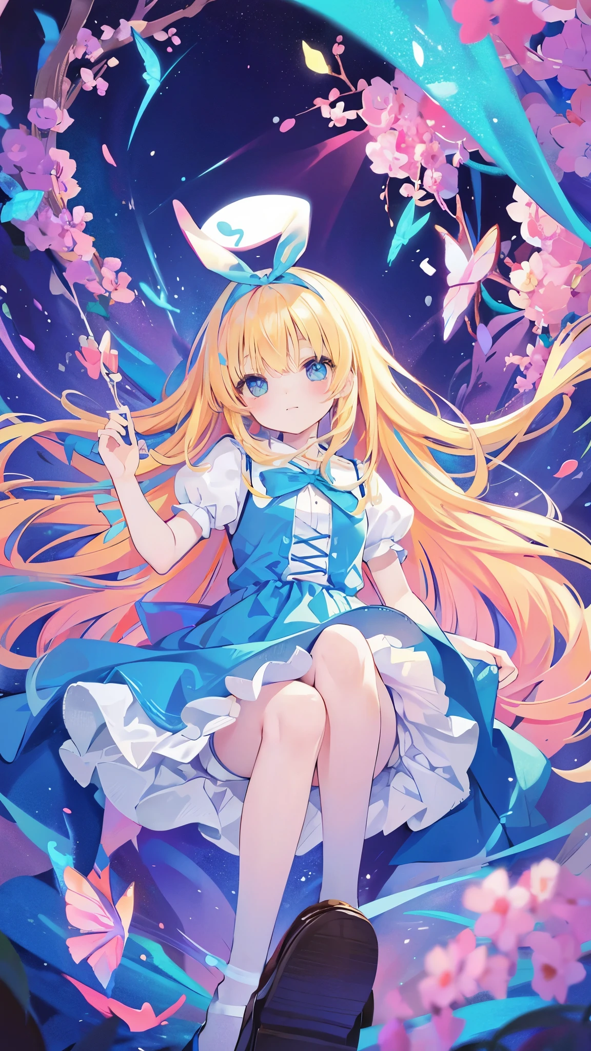alice in wonderland、cute、blue ribbon on head、masterpiece、best image quality、highest quality、alice in wonderlandのコスチューム、alice in wonderlandの背景、colorful long blonde hair、colorful eyes、(low position、from below:1.2)