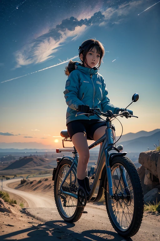 a woman riding a bike down a dirt road, inspired by Leiko Ikemura, pixiv contest winner, girl in space, megastructure in the background, shirobako, vacation photo
