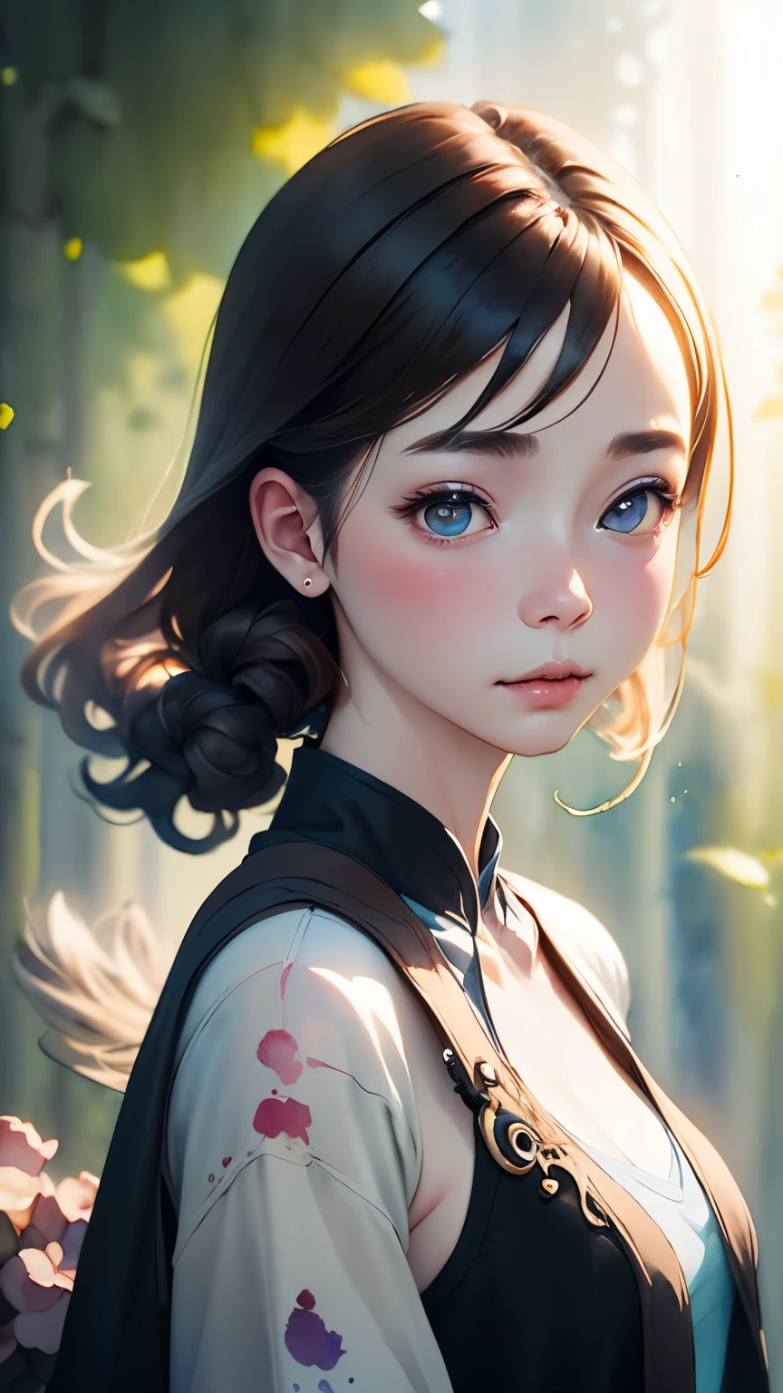 Magical girl、fantasy、、(((blurred background、Watercolor style background)))、highest quality、High resolution、High resolution、cinematic lighting、professional photographer