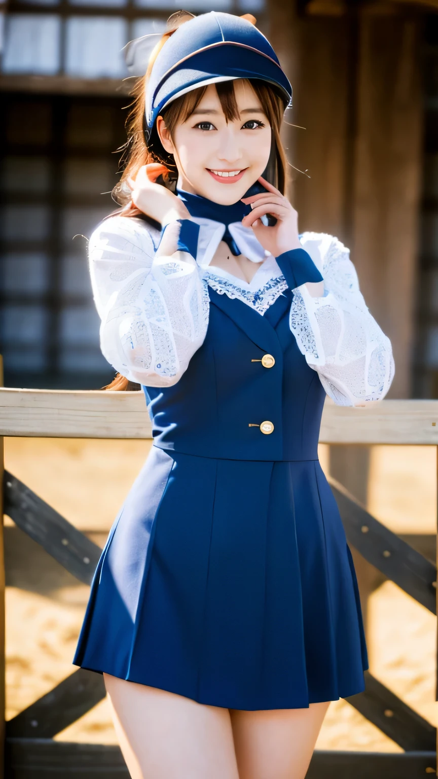 (realistic, photo-realistic:1.4), (extremely detailed 8k wallpaper), bokeh, detailed beautiful eyes and skin, (Image from thighs to head:1.3), (Japanese idol:1.3), 25yo, beautiful woman, smile, large breast, 
Royal blue equestrian attire, Confident, Horse stable with wooden fences, Riding helmet,