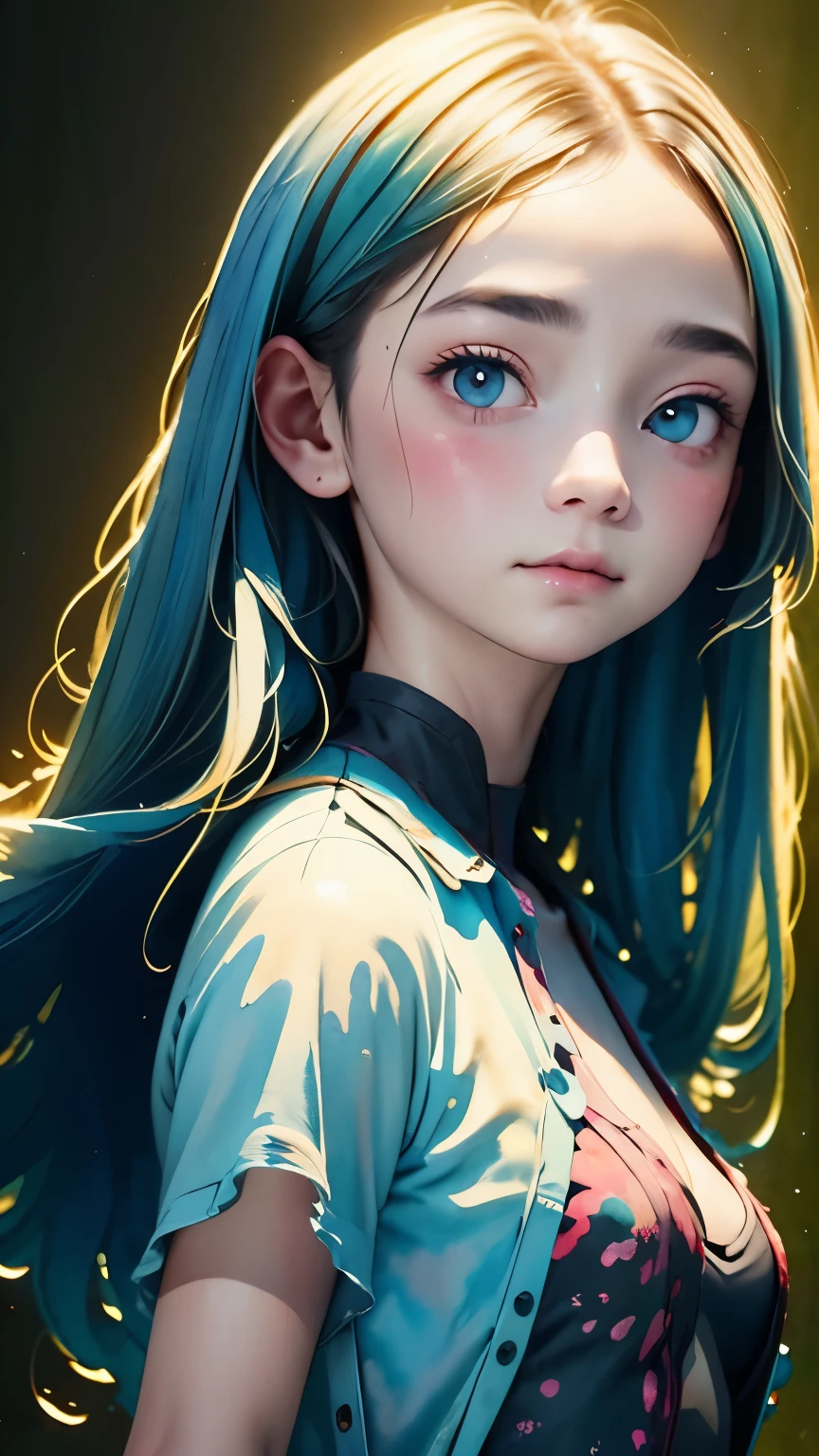 (Super detailed,ultra high resolution,detailed background),((2D)),((flat color)),((colorful)),((floating colorful water)),1 girl,alone,looking at the viewer,break、body paint、beauty of women、white face、warm color、