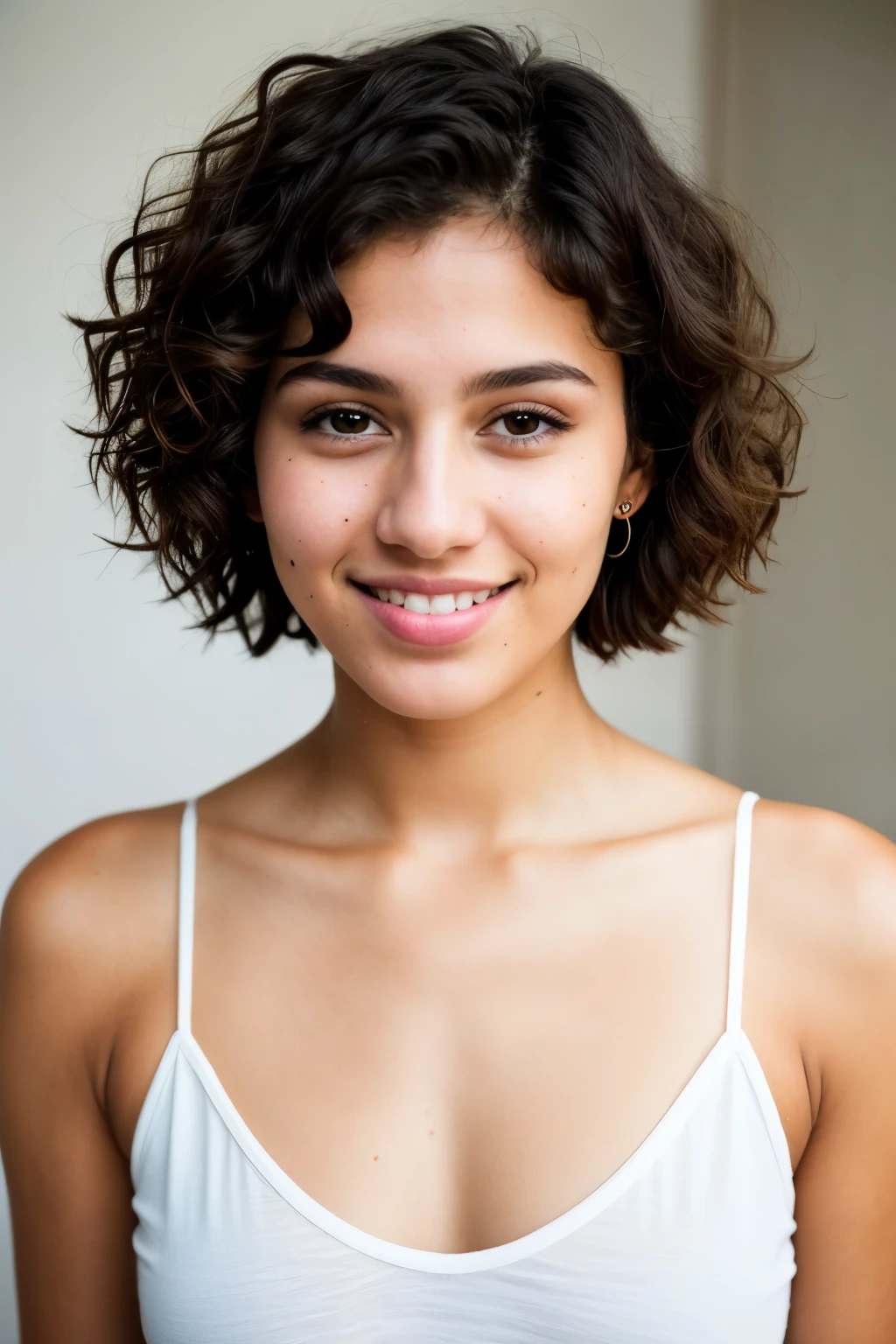 RAW photo, face portrait photo of beautiful 21 year old woman with short brown curly hair with a mole on the left side of her eye and light brown skin not smiling