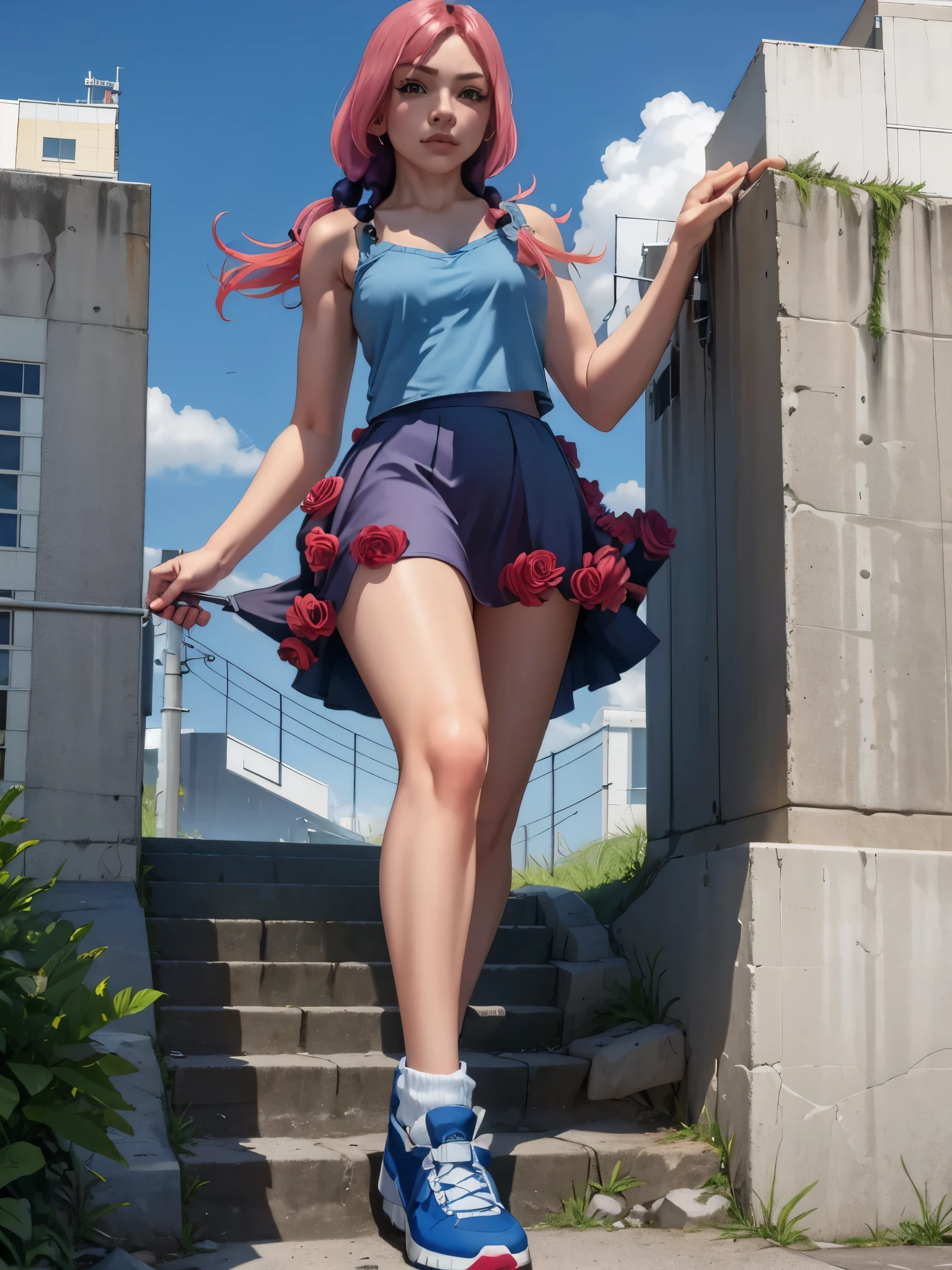 (masterpiece, best quality:1.2), solo, 1girl, giantess, hirose yasuho, slight smile, looking at viewer, hair bobbles, blue camisole, skirt, flower , walking in city