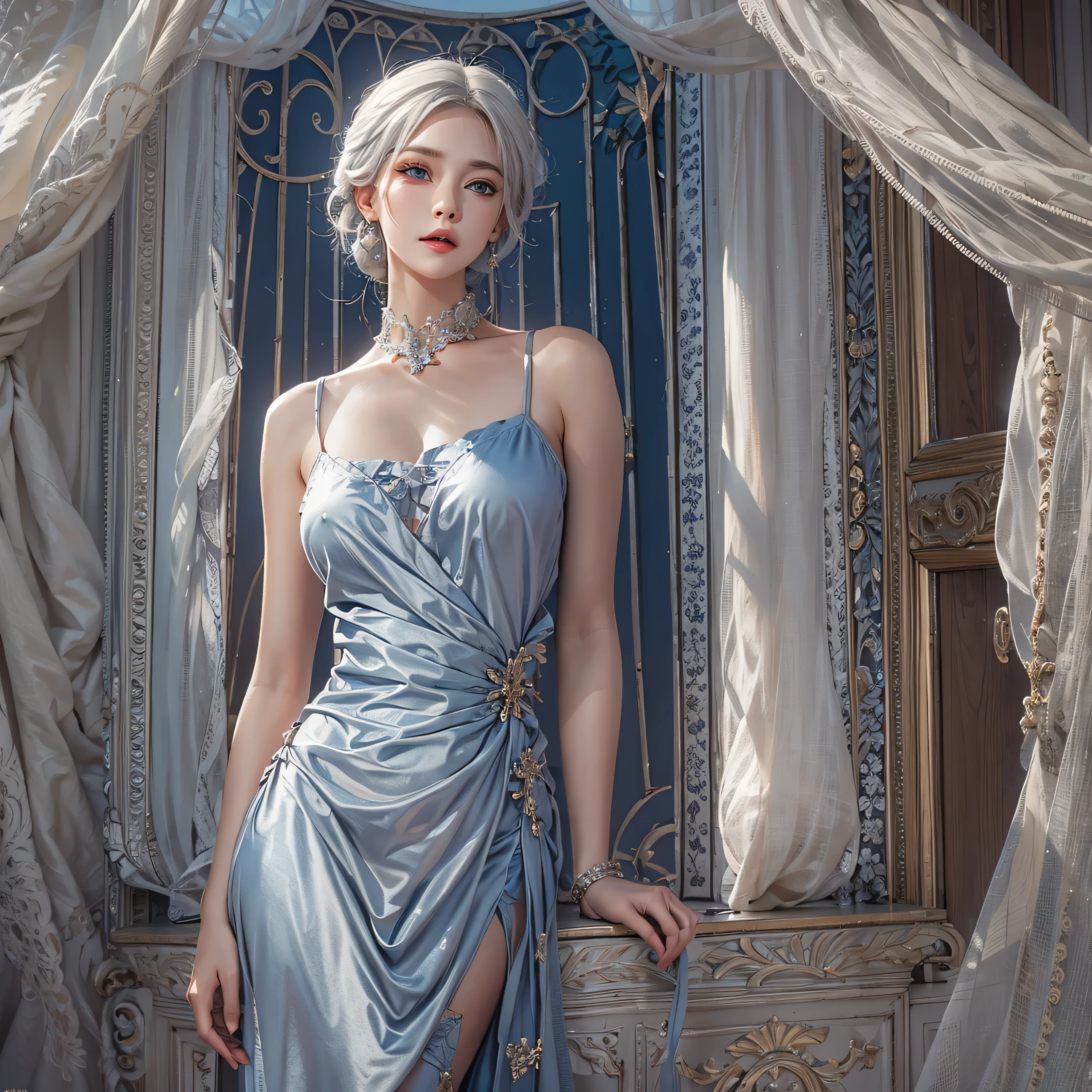 <(realistic:1.4), (extremely intricate:1.2)>,1girl, face, close up, portrait, dress, closed eyes, jewelry, sitting, stairs, strapless, strapless dress, breasts, bare shoulders, tiara, grey dress, cleavage, long hair, braid, grey hair, solo, profile, solo,, BREAK, <(exquisitely detailed skin:1.3), cinematic light, rim lighting, ultra high res, best shadow, delicate>, <lora:wlopStyleLora_30Epochs:0.6>