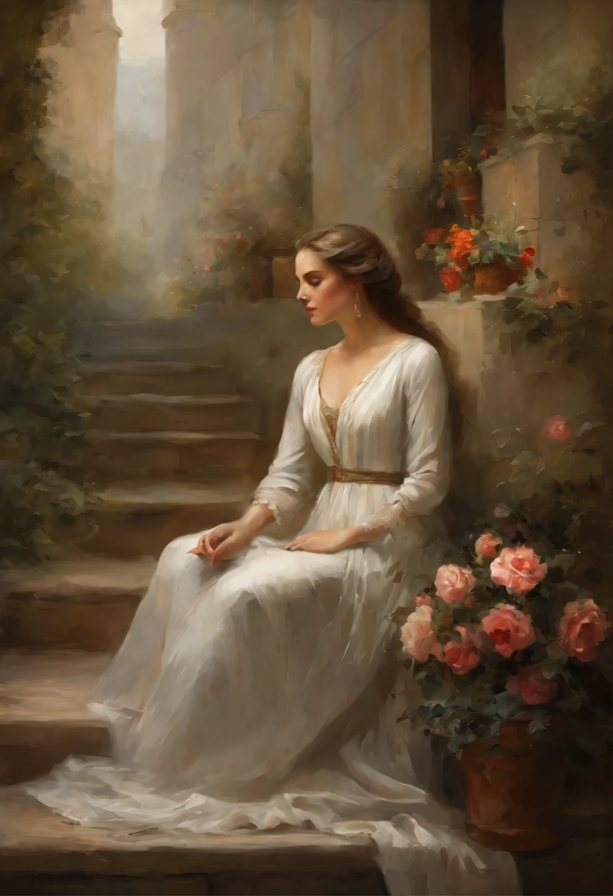 The man below is standing, Give flowers, The woman, sitting on a ledge, Flowers, long flowing fabric for dresses, Clear Face Magary Villeneuve, magali villeneuve, inspired by Magali Villeneuve, graphic artist magali villeneuve, magali villeneuve and monet, charlie bowater and artgeem, Charlie Bauer and Tom Bagshaw, Darius Zawacki and Tom Bagshaw