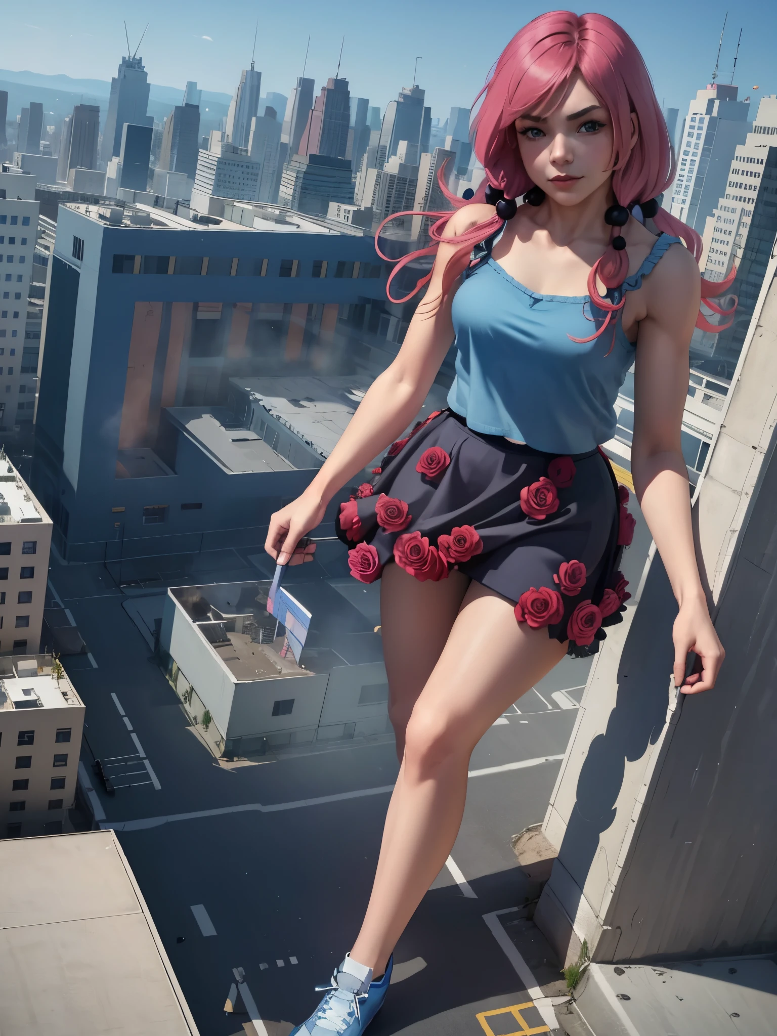 (masterpiece, best quality:1.2), solo, 1girl, giantess, hirose yasuho, slight smile, looking at viewer, hair bobbles, blue camisole, skirt, flower , walking in city