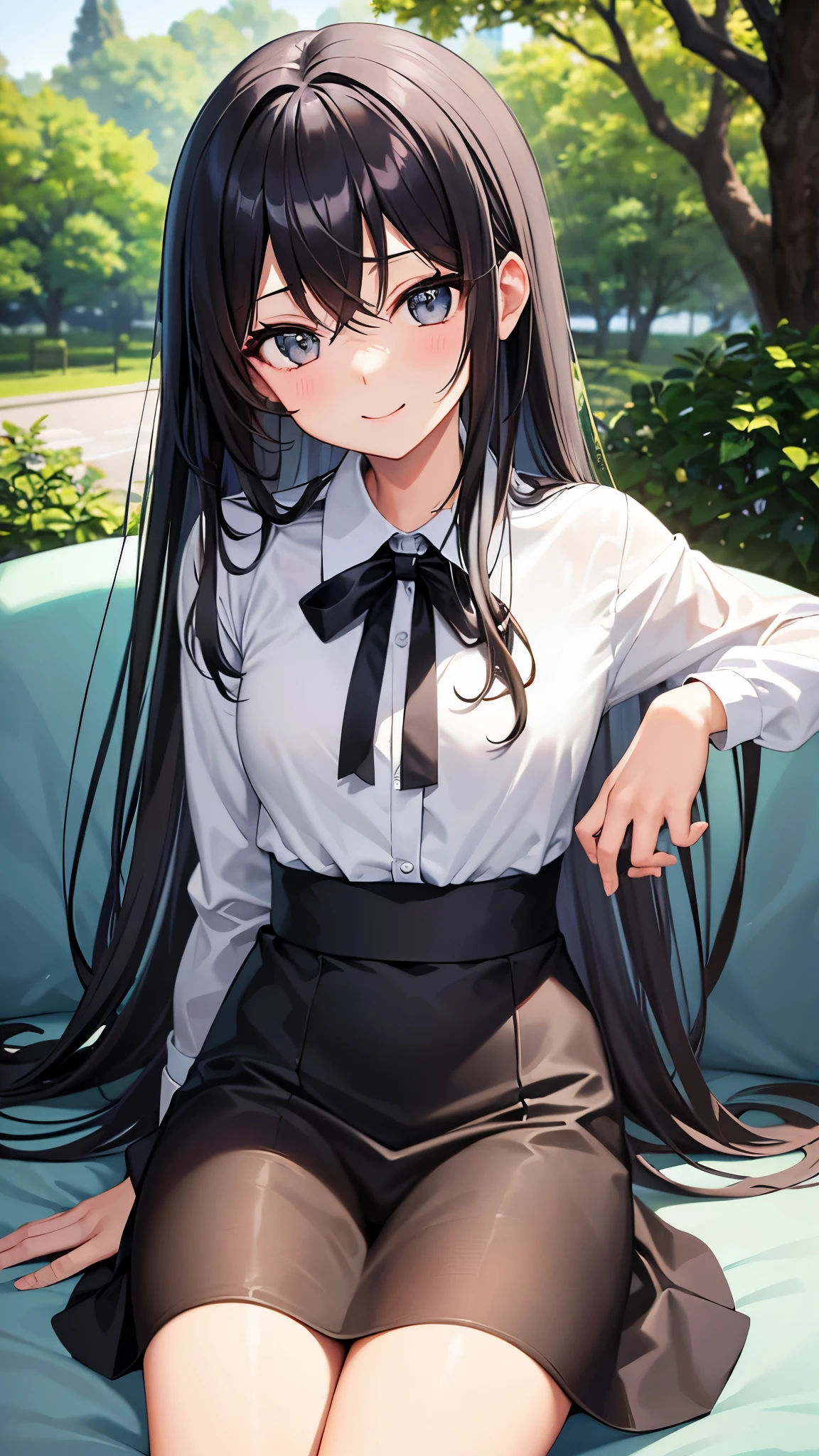 (masterpiece), (highest quality), Super detailed, perfect face, perfect body, black髪 long hair、濃いblackのアイシャドウ、1 girl, adult woman beautiful girl,narrow eyes smile、smile、looks fun、open your mouth、flat chest、clear、 OL、Tight Skirt gray、blouse、cardigan gray、sexy, black pantyhose、sit on the sofa、morning、Cafe、sunlight filtering through the trees