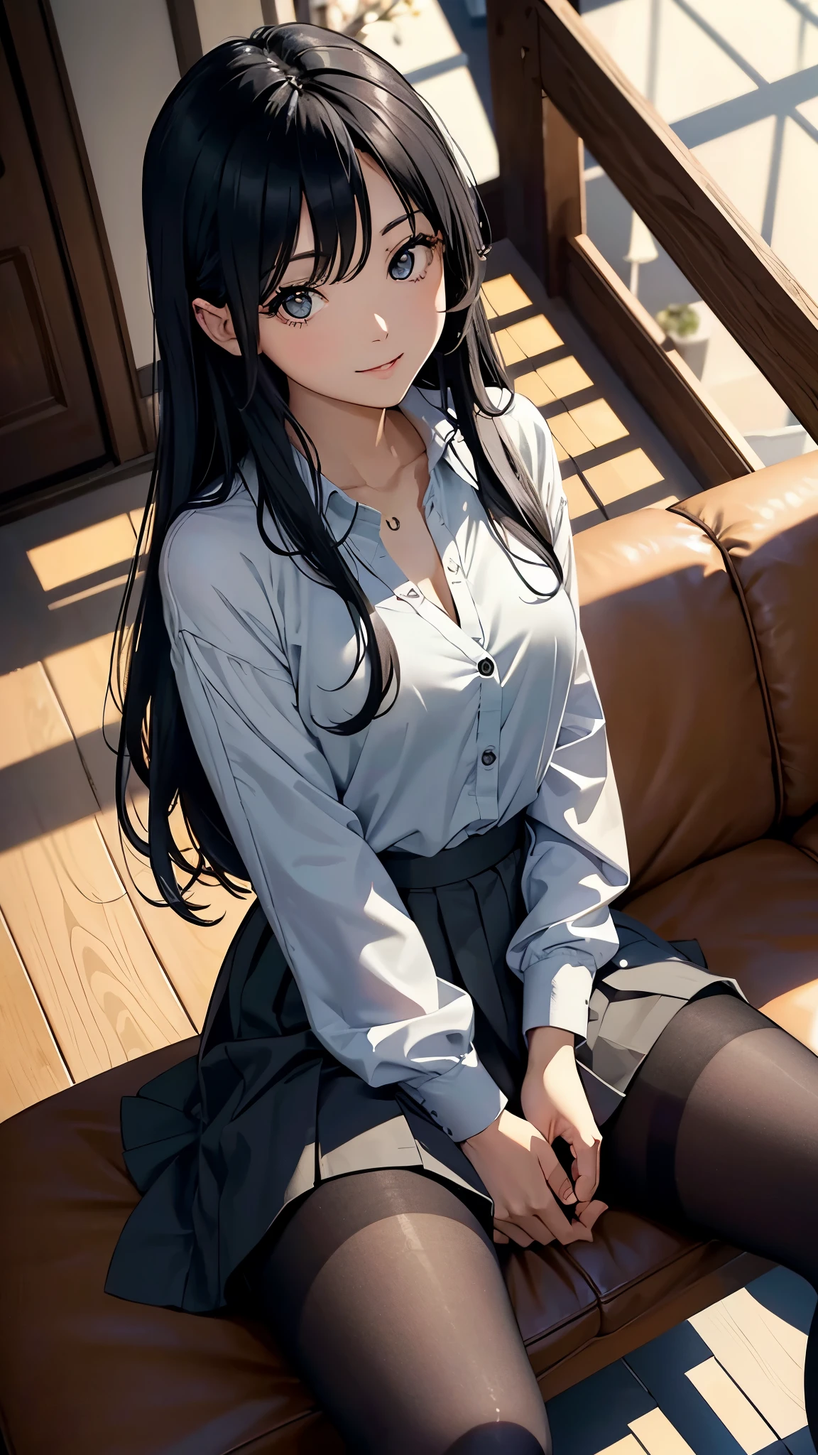 (masterpiece), (highest quality), Super detailed, perfect face, perfect body, black髪 long hair、濃いblackのアイシャドウ、1 girl, adult woman beautiful girl,narrow eyes smile、smile、looks fun、open your mouth、flat chest、clear、 OL、Tight Skirt gray、blouse、cardigan gray、sexy, black pantyhose、sit on the sofa、morning、Cafe、sunlight filtering through the trees、coffeeカップを持つ、coffee