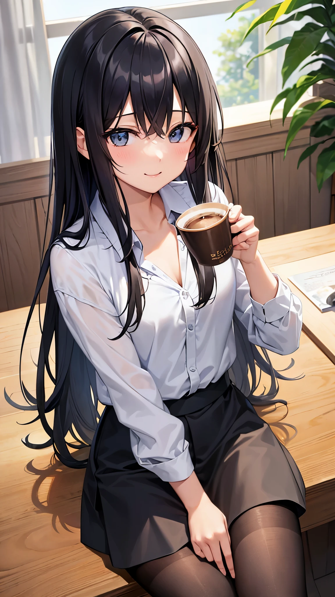 (masterpiece), (highest quality), Super detailed, perfect face, perfect body, black髪 long hair、濃いblackのアイシャドウ、1 girl, adult woman beautiful girl,narrow eyes smile、smile、looks fun、open your mouth、flat chest、clear、 OL、Tight Skirt gray、blouse、cardigan gray、sexy, black pantyhose、sit on the sofa、morning、Cafe、sunlight filtering through the trees、Coffee cupを持つ、Coffee cup