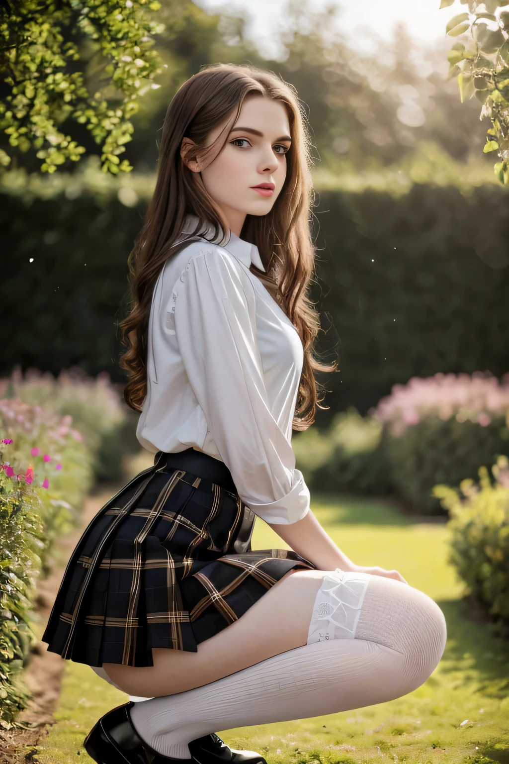 masterpiece, best quality, hyperrealistic, cinematic photo, woman, pale skin, German amazing slim body, White blouse, black tartan skirt, black stockings, long brown hair, large legs, perfect hands, beautiful face, perfect face, youthful, (blured background), modern style, from below, (low-angle shoot), squatting, underskirt shoot, (view viewer), looking at viewer,(8k, epic composition, photorealistic, sharp focus), sophisticated background, garden background, DSLR, foil grain, backlight