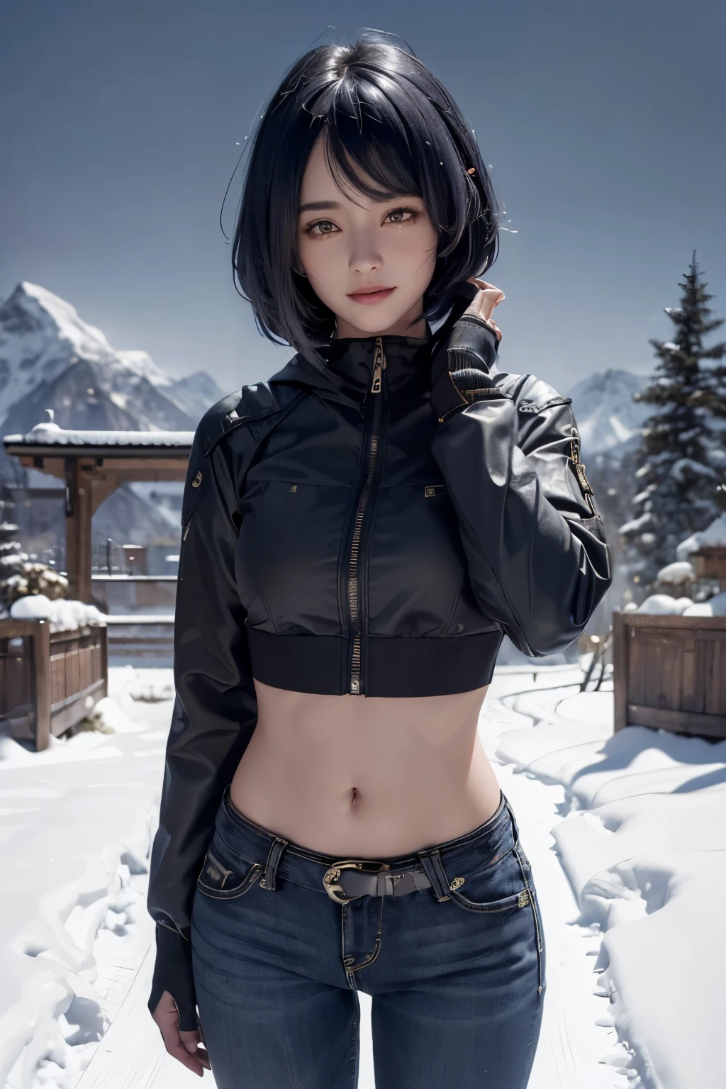 long sleeved puffer parka, long jeans, belt, ((midriff, navel)), looking at viewer, garden, mountains, smile, ((cinematic lighting, masterpiece, anatomically correct, detailed textured skin, high details, highres, HD, 4K, 8k)), (kujou sara:1.3), mask on head, blue hair, short hair, yellow eyes,