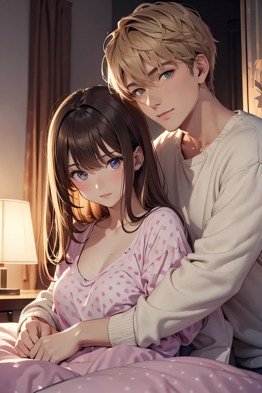 a girl and a teen having a picnic in the sunset, the girl is wearing a white knitted hoodie with bunny ears, the boy is chubby, and wearing a brown hoodie with a little bear in the chest area, kissing , best quality, in love, anime style picture