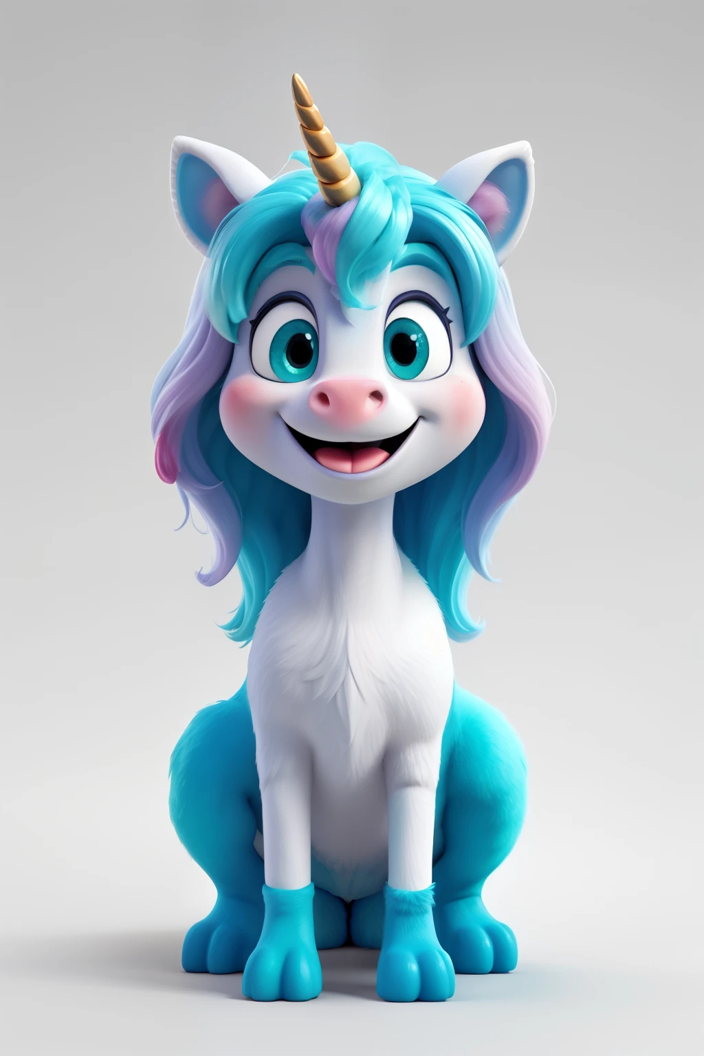 Create a unicorn with the main colors black, white and turquoise in a realistic 3d/cartoon format with different poses and expressions as if it were a meme. create on a white background.