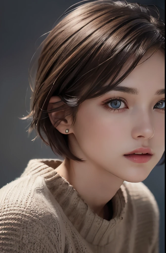 (Representative works:1.3), (8K, photorealistic, RAW photo, Highest image quality: 1.4), (1girl), beautiful face, (realistic face), (dark brown hair、short hair:1.3), beautiful hairstyle, realistic eyes, beautiful detailed eyes, (realistic skin), beautiful skin, (sweater), disorganized, Charm, ultra high resolution, Super realistic, High definition, golden ratio、Gray background
