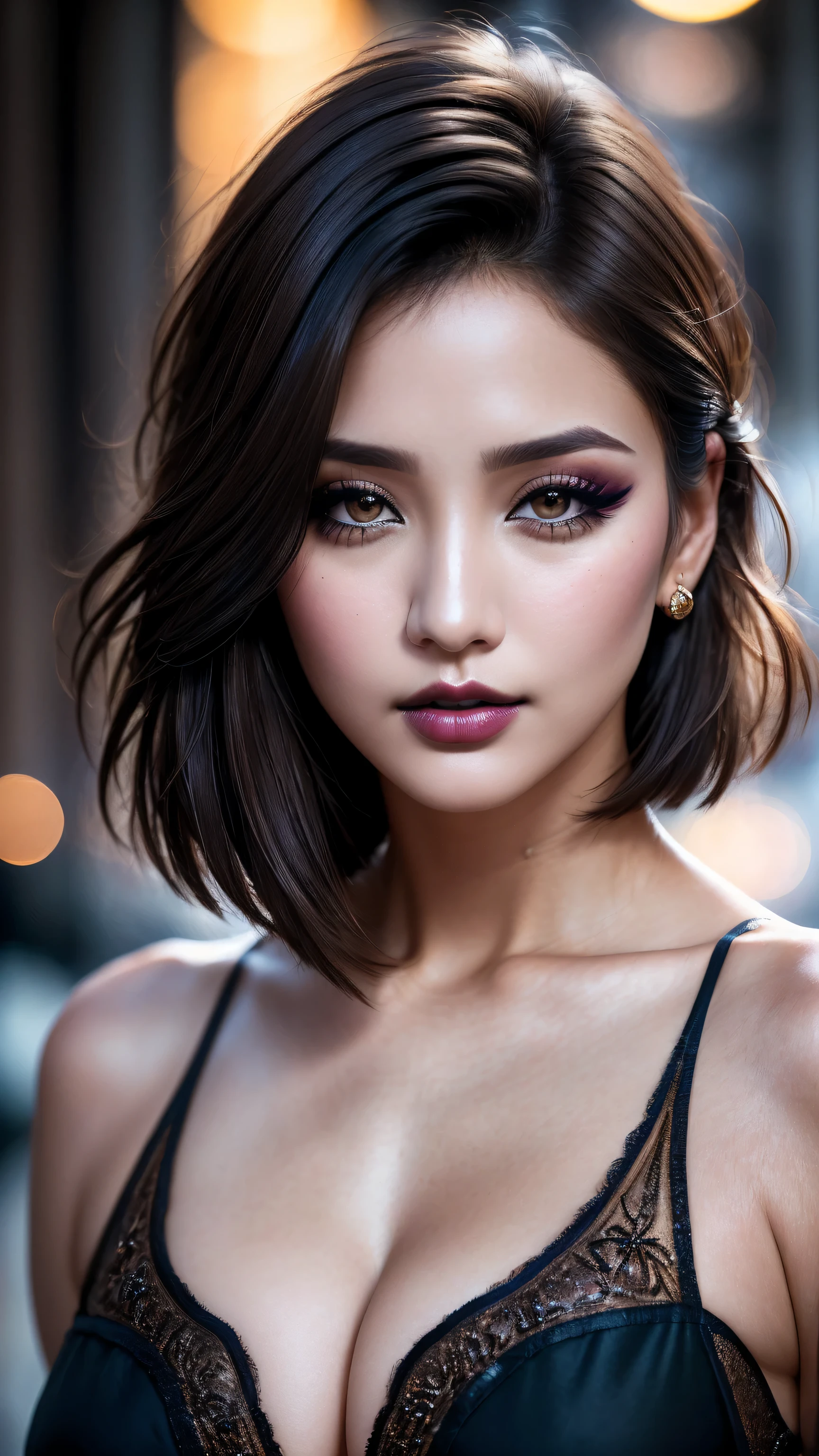 (ultra-detailed primetime portraits)、 ((Ultra-realistic最high quality、 8K、 The ultra -The high-definition))、(beautiful face:1.6)、(detailed face:1.6)、(detailed eyes:1.45)、(detailed lips:1.3)、(Detailed nose:1.2)、1girl:1.3 22years old、fashion supermodel、real:1.5、photorealistic:1.5、very delicate and beautiful、masterpiece, ((absurdres))、 ((sharp fous))、(Glamour, paparazzi taking pictures of her)、 (light dark short hair、extremely detailed)、 contrast、 (dark shot:1.04)、 Long blue_eyelashes:1.25、 (dark_eyeshadows:1.3)、 (red_lipstick:1.24)、((perfect round eyes))、 (aqua blue_eyes:1.15)、 purple_makeup:1.12、(matte skin:1.3)、