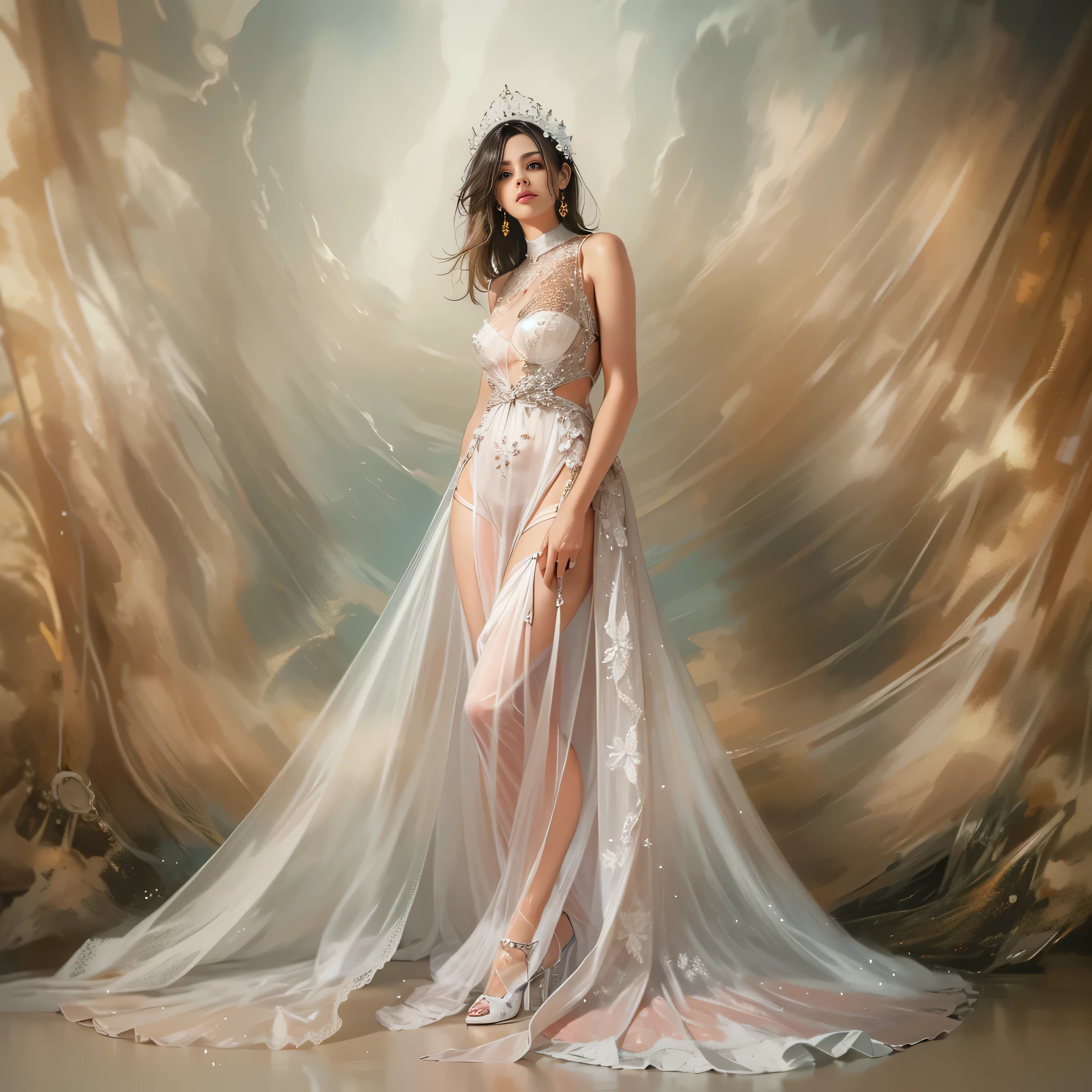 Beautiful woman in vey long translucent satin dress,dreamy background