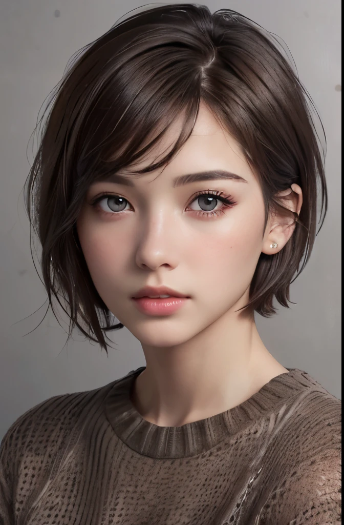 (Representative works:1.3), (8K, photorealistic, RAW photo, Highest image quality: 1.4), (1girl), beautiful face, (realistic face), (dark brown hair、short hair:1.3), beautiful hairstyle, realistic eyes, beautiful detailed eyes, (realistic skin), beautiful skin, (sweater), disorganized, Charm, ultra high resolution, Super realistic, High definition, golden ratio、Gray background