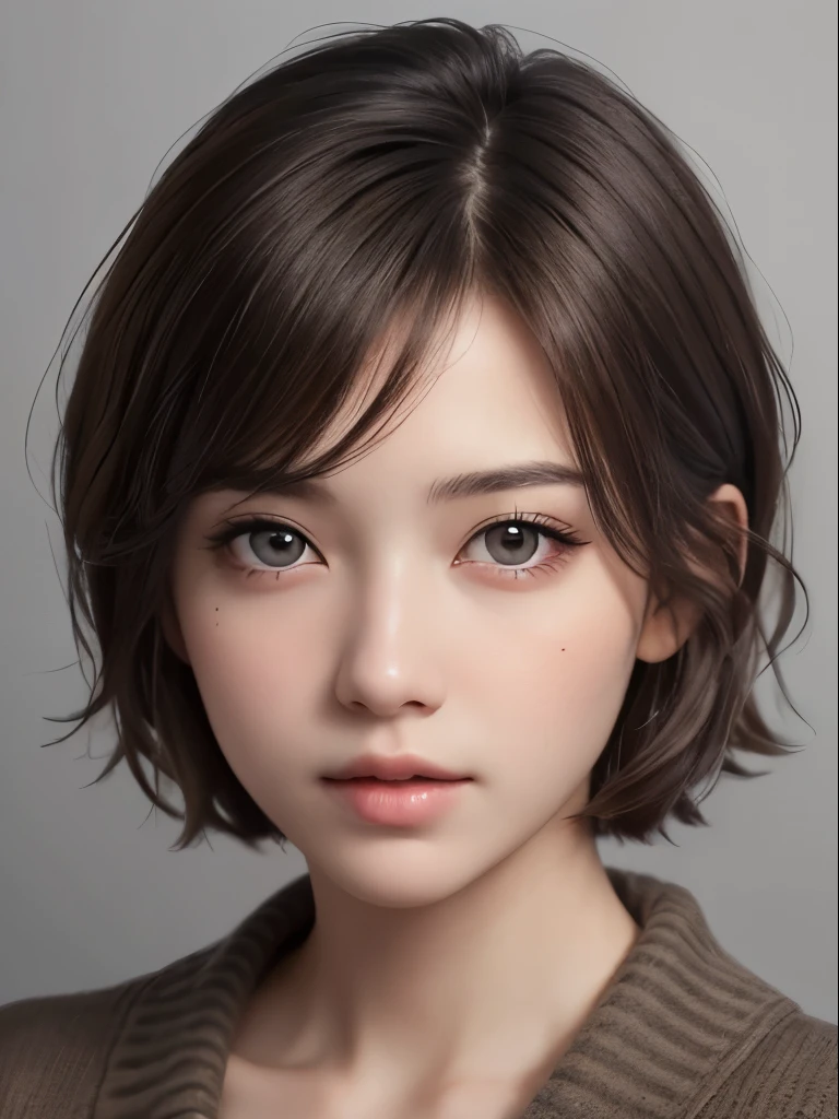 highest quality、masterpiece、ultra high resolution、(photorealistic:1.3)、Raw photo、(1girl), beautiful face, (realistic face), (dark brown hair、short hair:1.3), beautiful hairstyle, realistic eyes, beautiful detailed eyes, (realistic skin), beautiful skin, (sweater), disorganized, Charm, ultra high resolution, Super realistic, High definition, golden ratio、Gray background
