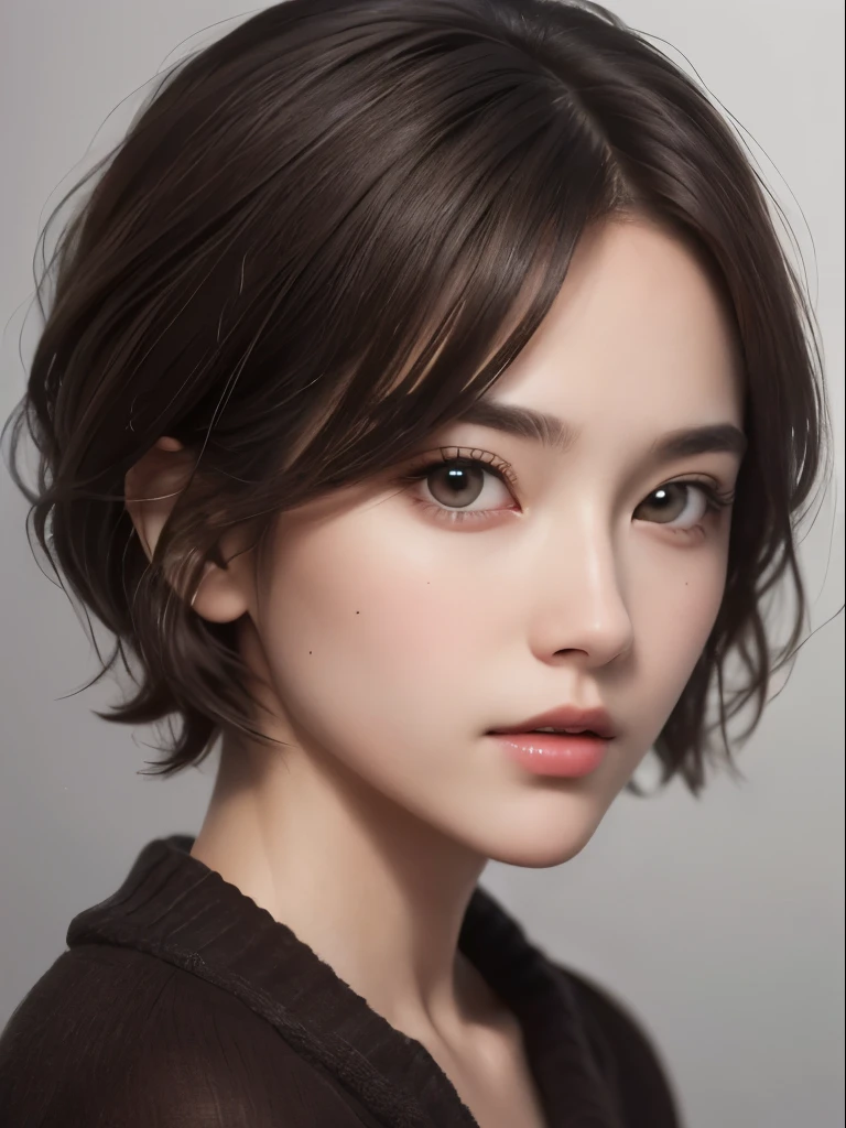 highest quality、masterpiece、ultra high resolution、(photorealistic:1.3)、Raw photo、(1girl), beautiful face, (realistic face), (dark brown hair、short hair:1.3), beautiful hairstyle, realistic eyes, beautiful detailed eyes, (realistic skin), beautiful skin, (sweater), disorganized, Charm, ultra high resolution, Super realistic, High definition, golden ratio、Gray background