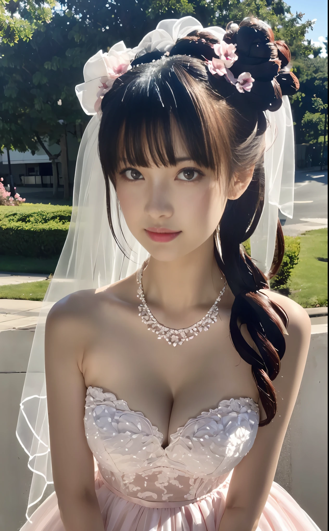 (((Pixel perfect, Perfect details))), alone, 1 girl, yuigahama yui,  Close-up of beautiful bride wearing beautiful wedding dress,Gurwitz, looking at viewer,(bridal veil:1.5），（transparent short veil：1.5），makeup,pink blush，dark blue eye shadow，Blushing face，double-headed flower，headgear，（bouquet：1.2），（tube top wedding dress：1.5），（silk dress：1.2）,（strapless wedding dress：1.5）,pure white dress，necklace，earrings，(large breasts:1.3)，Bangs，pink lipstick，（White long elbow gloves：1.4）,whole body照,High-detail RAW color art,White long skirt，whole body，(china street:1.3),1girl,18 years old, （long twintails：1.5）,(double bun:1.5), black hair