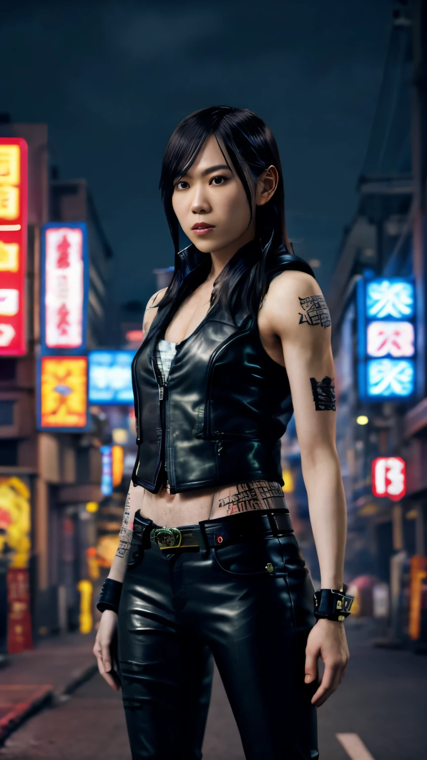 highest quality，masterpiece，Super detailed，8K, UHD，Beautiful woman，japanese woman，No expression，(Topless)，whole body，((tattoo))，slim，black leather pants，black leather vest，(female mafia)，gangster，(cyberpunk city)，night，cinematic lightening，movie poster，underworld