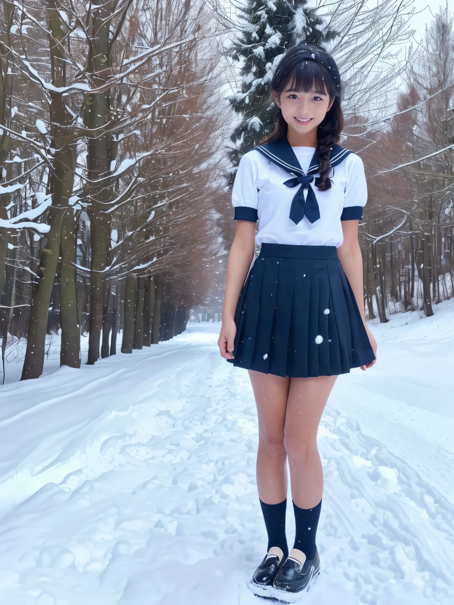 (in 8K、RAW Photos、top-quality、​masterpiece:1.2), (realisitic、Photorealsitic:1.37), ultra-detailliert, high resolution, 1girl in, a closeup, Raw feet, A dark-haired, black eyes, japanese, color contact lens, (beautiful legs:1.3), (slender girl:1.4), a beauty girl, (Thin legs:1.3), a sailor suit, , high-school girl, JK, Ultra mini skirt, Dark blue pleated skirt, Short socks, Tri-fold socks, white sock, (short sleeves:1.3), (black loafers shoes:1.3), Full body, (standing:1.2), (heavy snowing:1.1), (deep snow:1.1),(dark_skin:1.3),(tanned_skin:1.5)