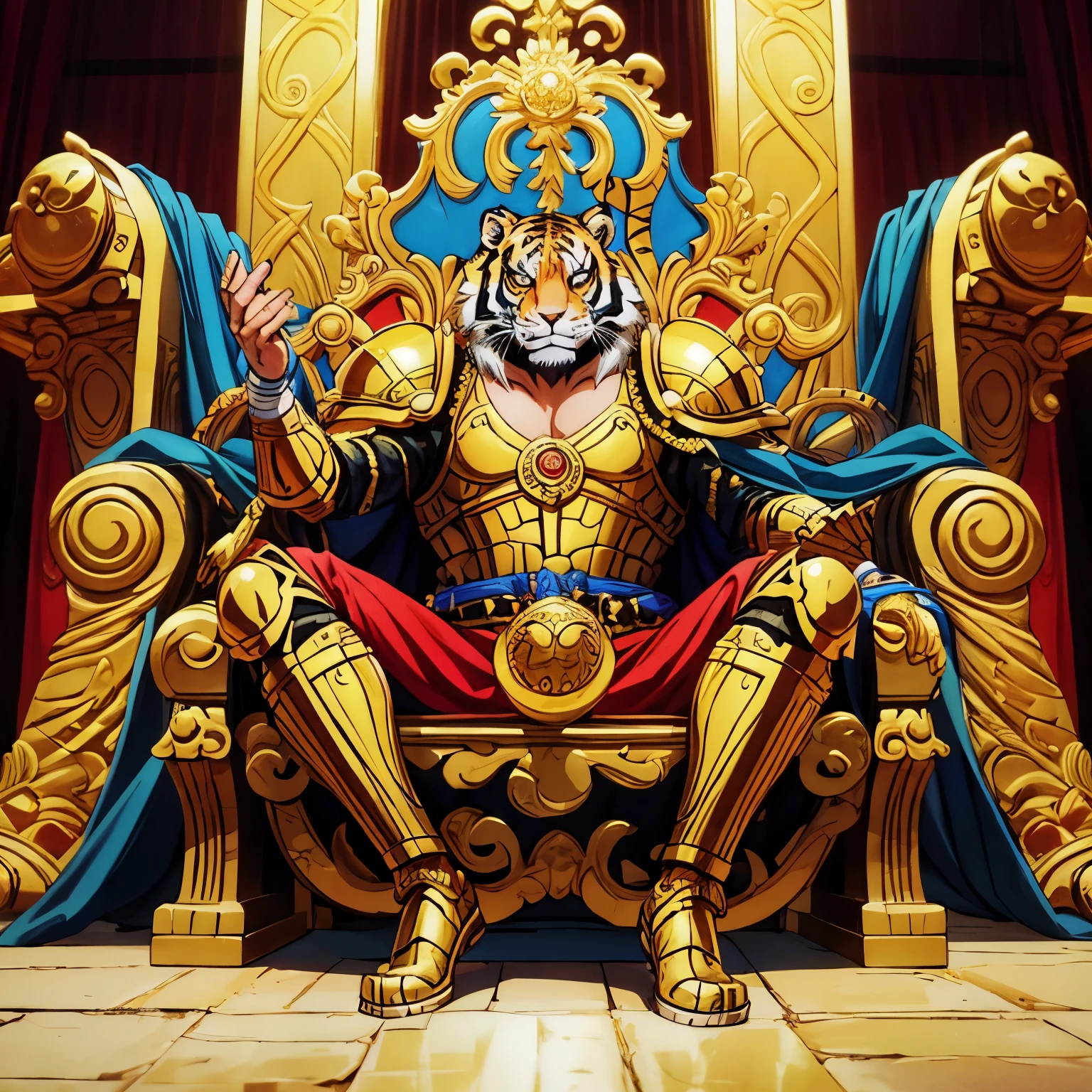 Tiger man, full body, on throne, gold armor, godly, realistic, epic, masterpiece, 8k