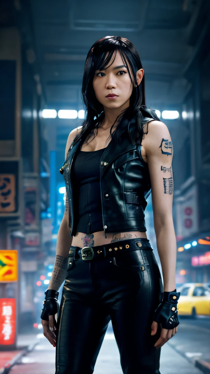 highest quality，masterpiece，Super detailed，8K, UHD，Beautiful woman，japanese woman，No expression，(Topless)，whole body，((tattoo))，slim，black leather pants，black leather vest，(female mafia)，gangster，(cyberpunk city)，night，cinematic lightening，movie poster，underworld
