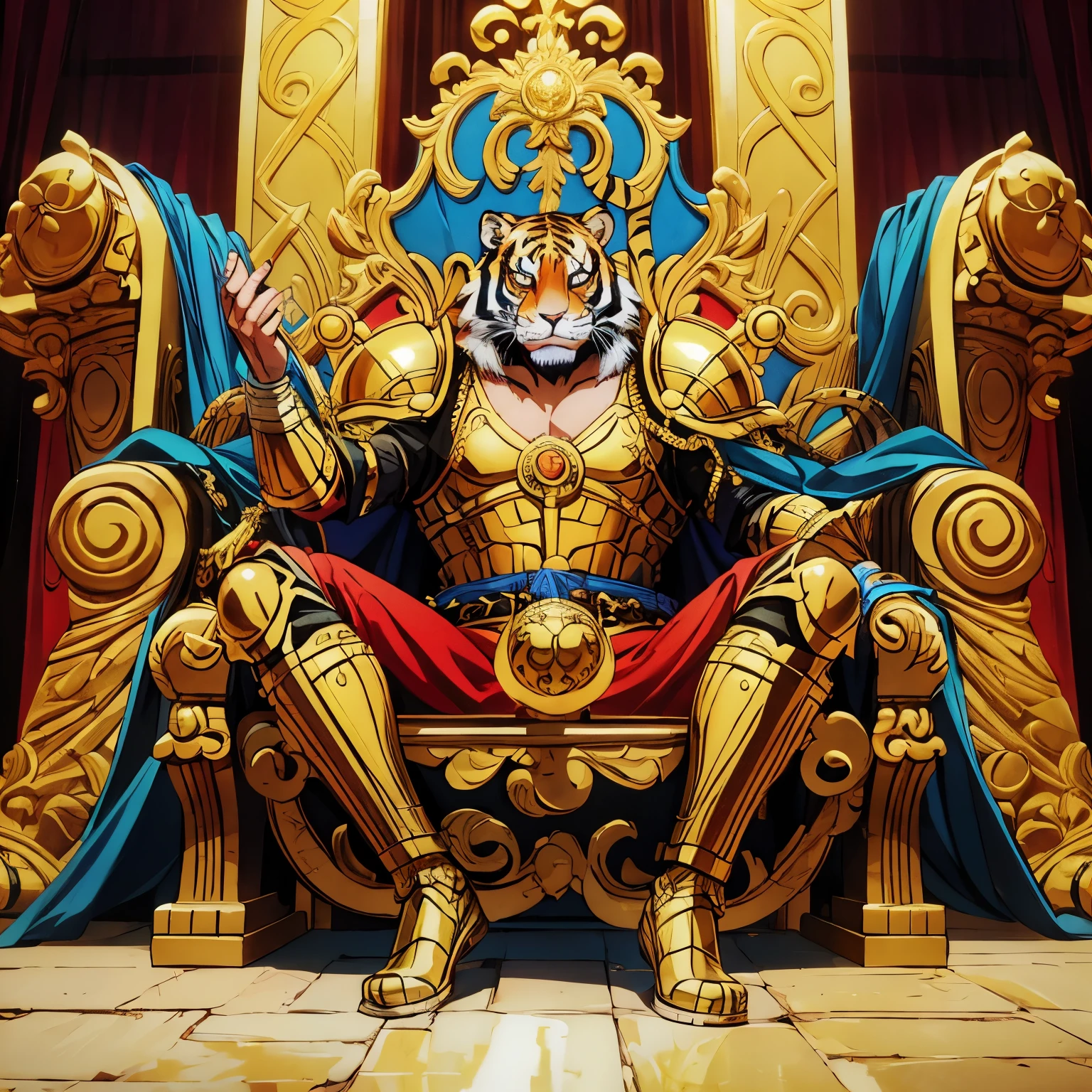 Tiger man, full body, on throne, gold armor, godly, realistic, epic, masterpiece, 8k