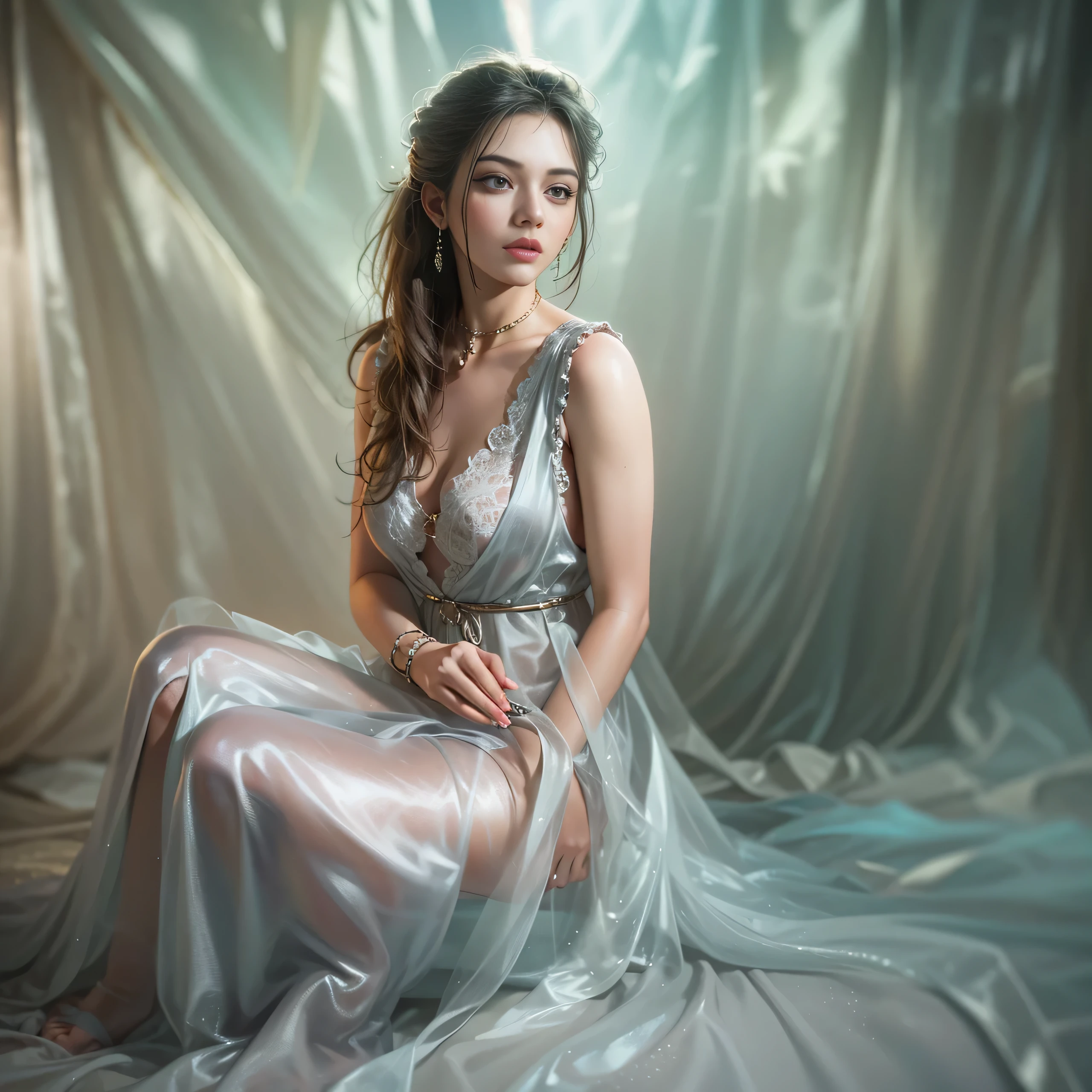 Beautiful woman in vey long translucent satin dress,dreamy background, kneel ,tied up 