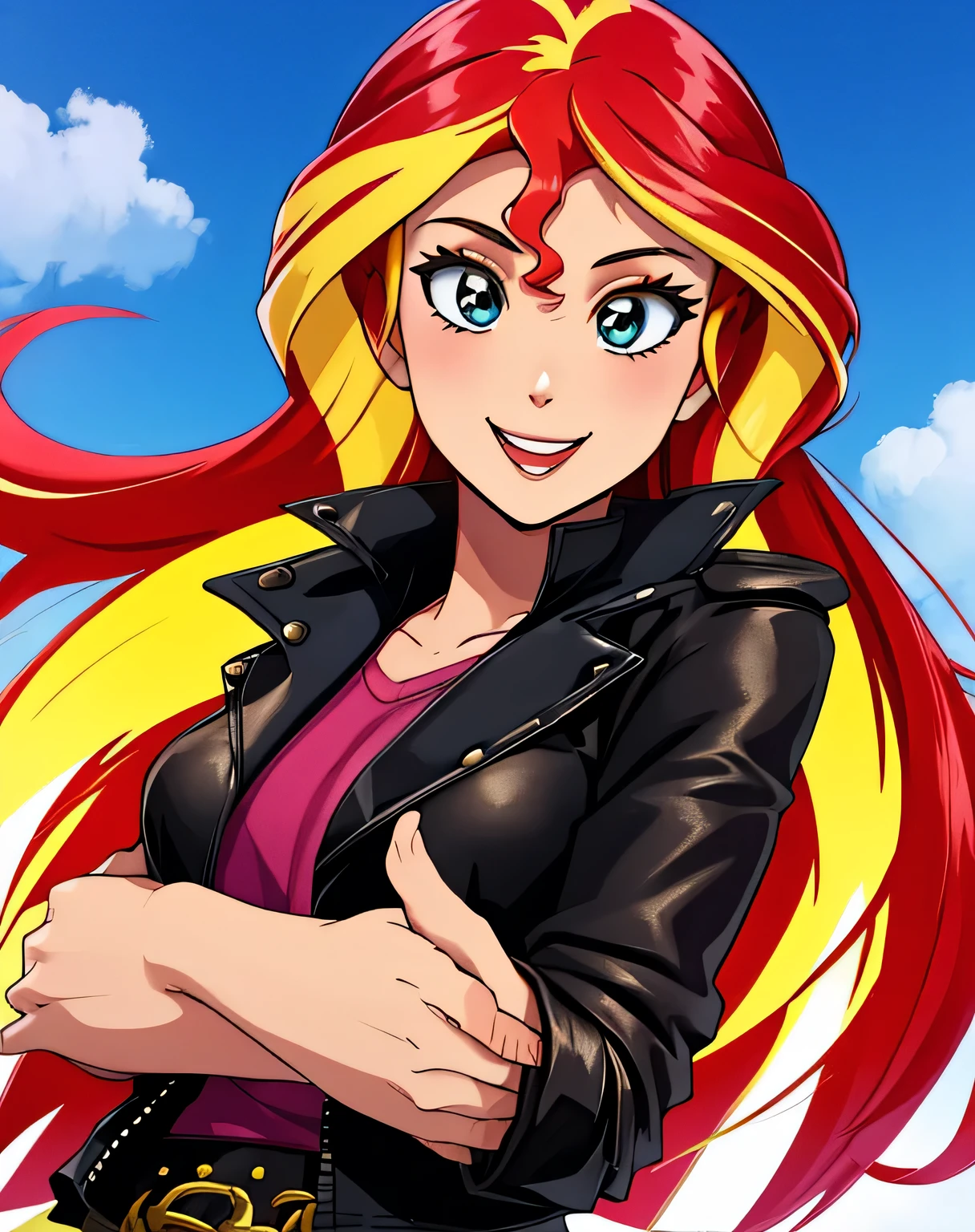 MLPSHIMMER, LEATHER JACKET, SKIRT, multicolored hair, red hair, blonde hair, 1girl, solo, upper body, facing viewer, (looking at viewer:1.5), in the center, smile,