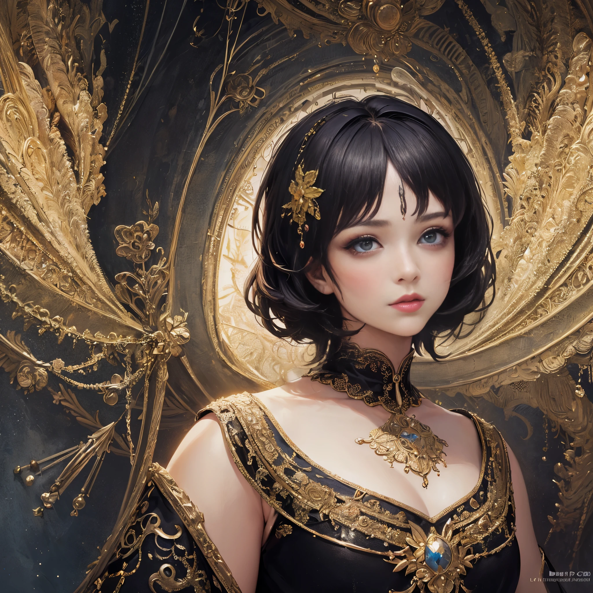 (high definition image), aerial angle, (mechanical, complex body), ((huge god's weapon has female face's outline embedded, Art Nouveau, round face, smiling)), drooping eyes, blush,
