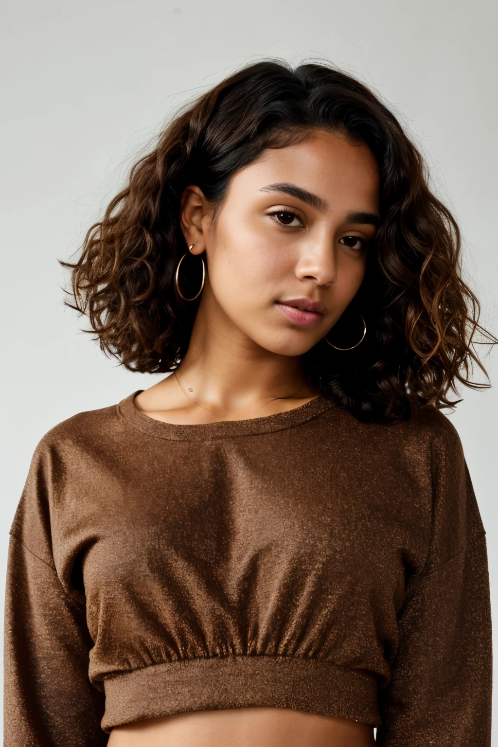 RAW photo, face portrait photo a woman with brown skin and short curly brown hair with a serious face wearing a long sleeved crop top shirt on with another woman with long brown hair and a black dress