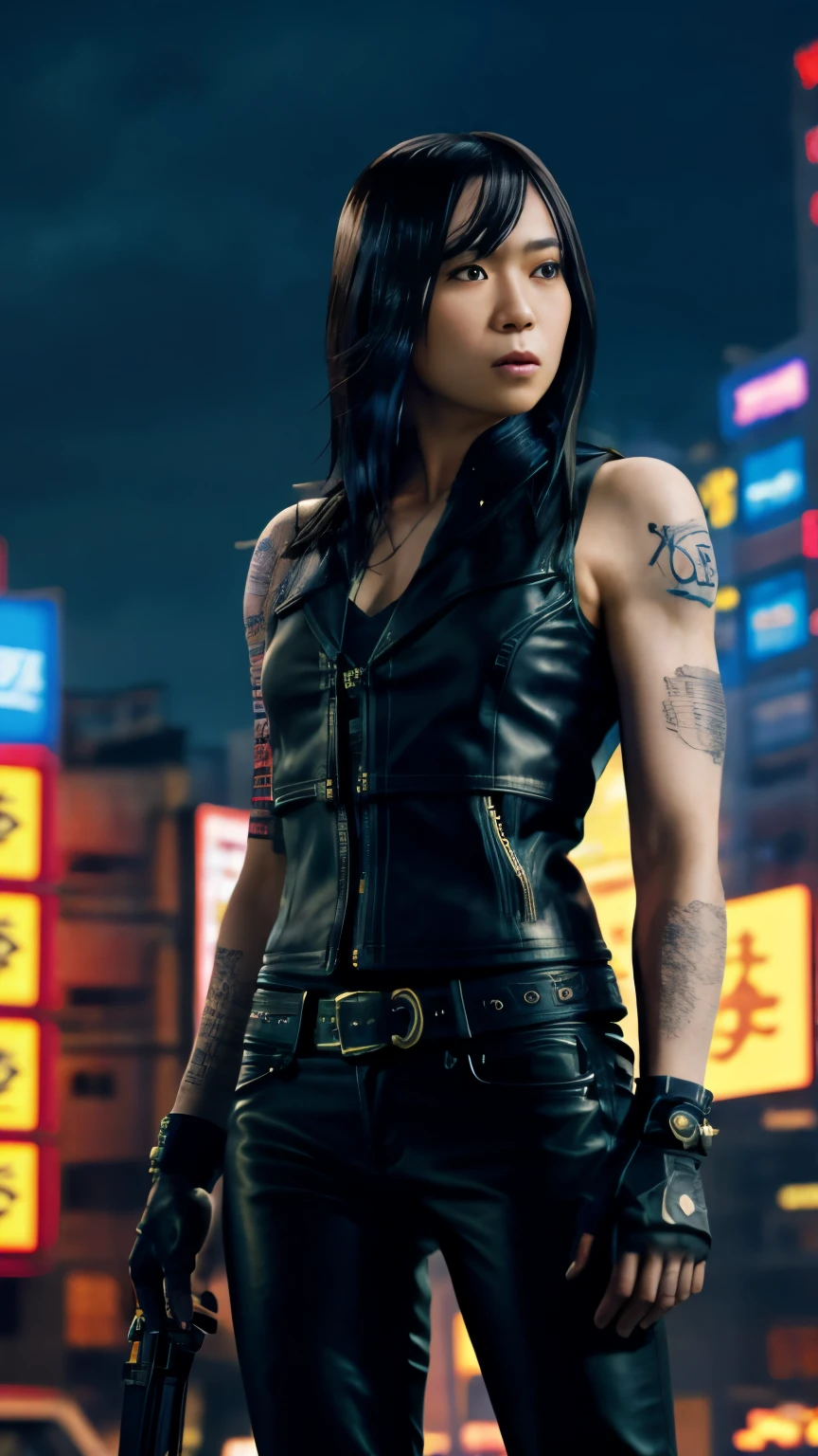 highest quality，masterpiece，Super detailed，8K, UHD，Beautiful woman，japanese woman，No expression，(Topless)，whole body，((tattoo))，slim，black leather pants，black leather vest，(female mafia)，gangster，(cyberpunk city)，night，cinematic lightening，movie poster，underworld