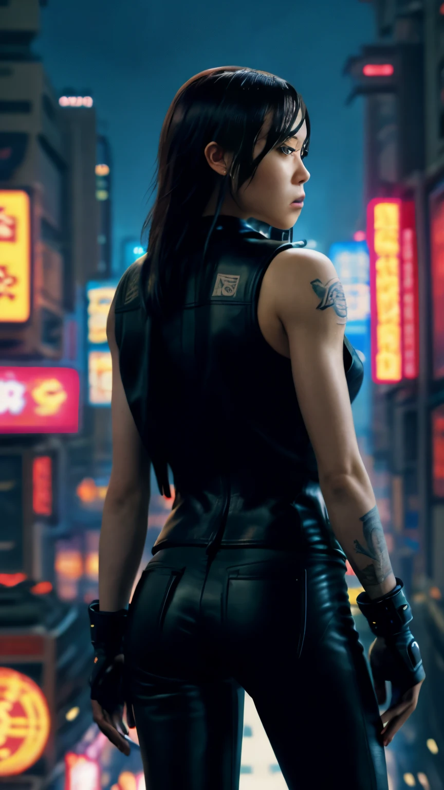 highest quality，masterpiece，Super detailed，8K, UHD，Beautiful woman，japanese woman，No expression，(Topless)，whole body，((tattoo))，slim，black leather pants，black leather vest，(female mafia)，gangster，(cyberpunk city)，night，cinematic lightening，movie poster，underworld