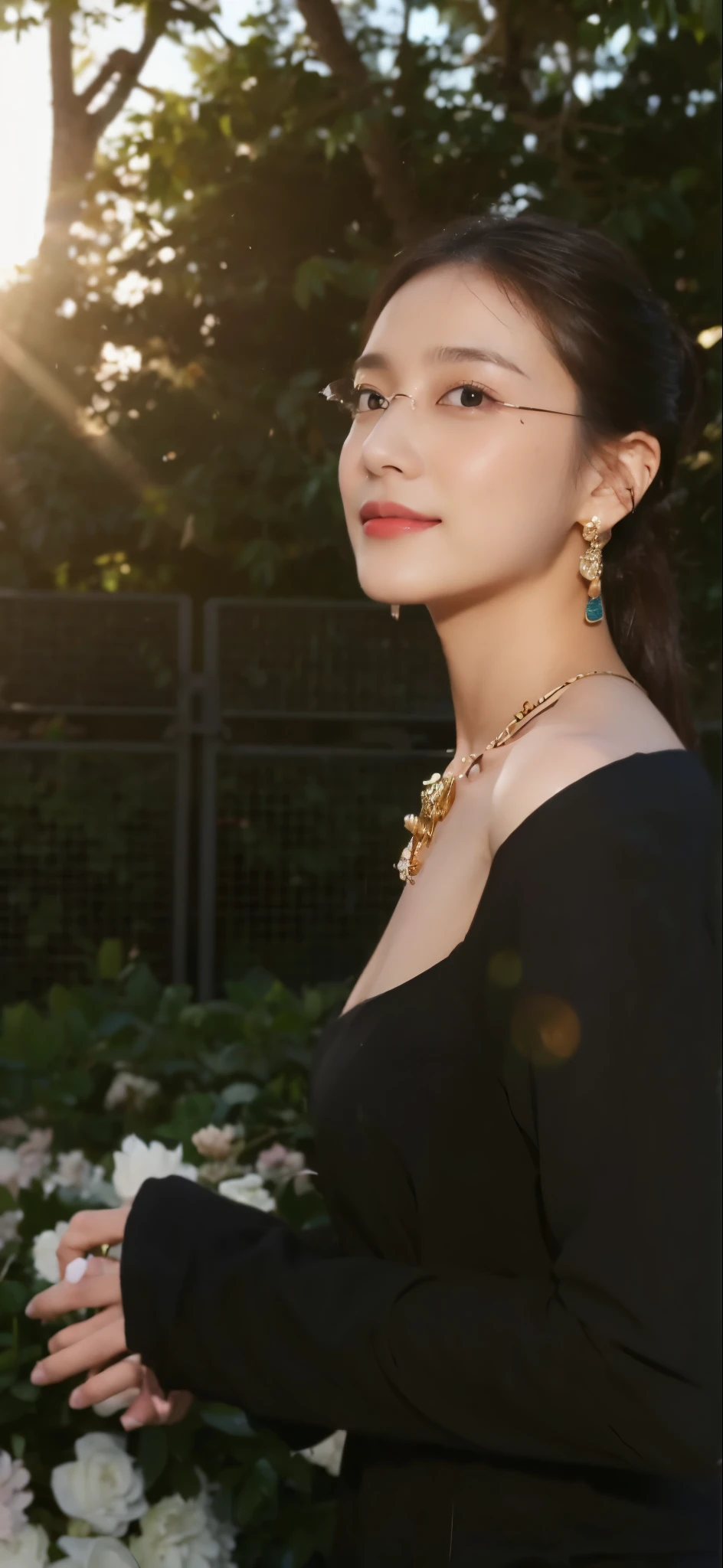 ((​Masterpiece, Top image quality, high resolution、alone、skin shiny))(on the table, best quality, actual, super detailed, meticulous, high resolution, 8k wallpaper), Close-up portrait of a beautiful woman, like, smiling, light brown messy hair, Perfect dynamic composition, 美丽meticulous的眼睛, Just like the cover of a fashion magazine, on campus，wearing gold glasses