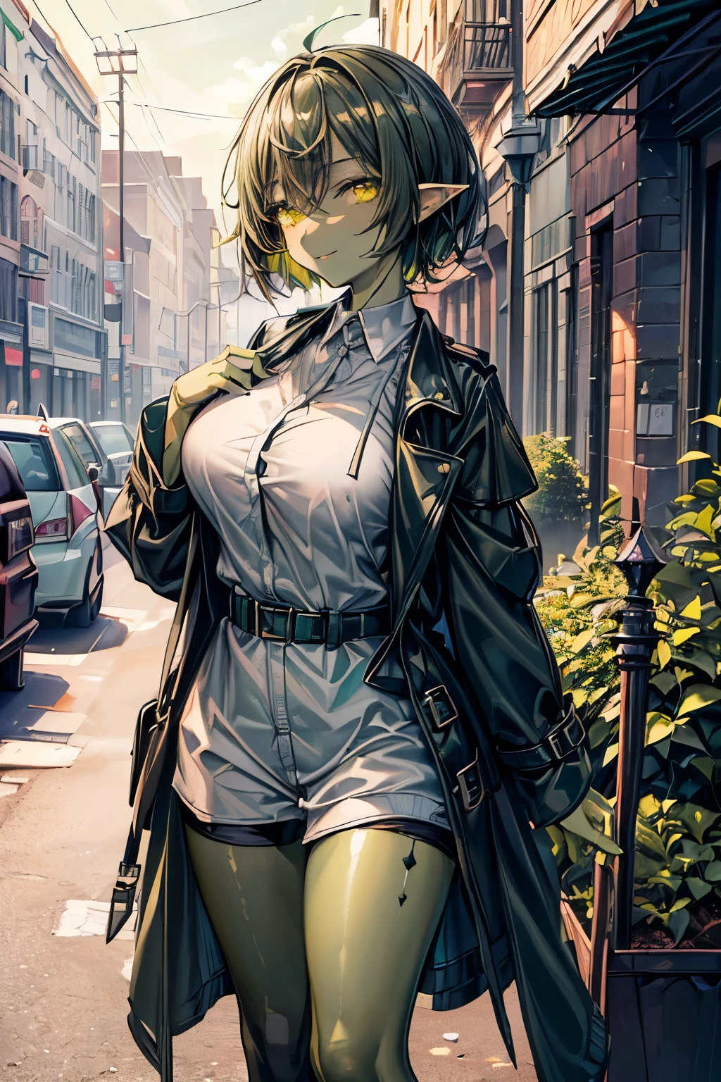 girl, , ligh green hair, short haircut, purple eyes, only short overalls,, half naked, sexy outfit, sensual, in dark forest, holding chainsaw, Looking at viewer, sinister sensual smiling, stepping out of clothes