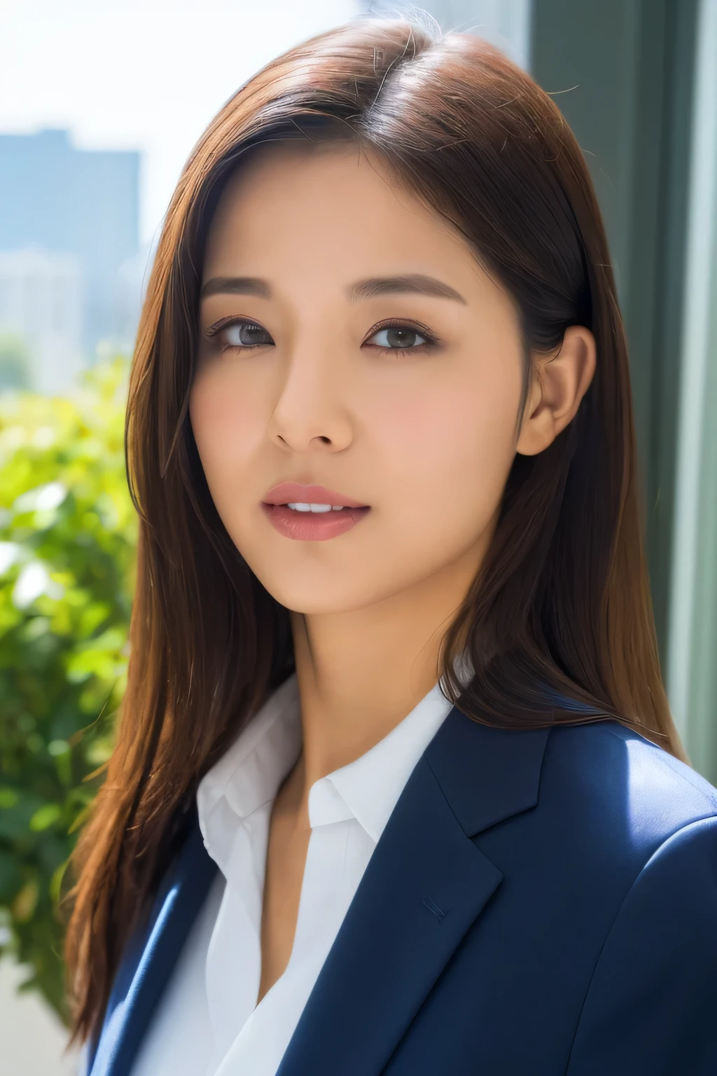 PHOTOREALISTIC REALISTIC masterpiece, highest quality, highres 1girl, look directly into the camera, alone,giant girl, city, cityscape, long hair, looking at the viewer, black hair, ((suit)),alone, portrait , Upper body, ((masterpiece)),masterpiece, highest quality,