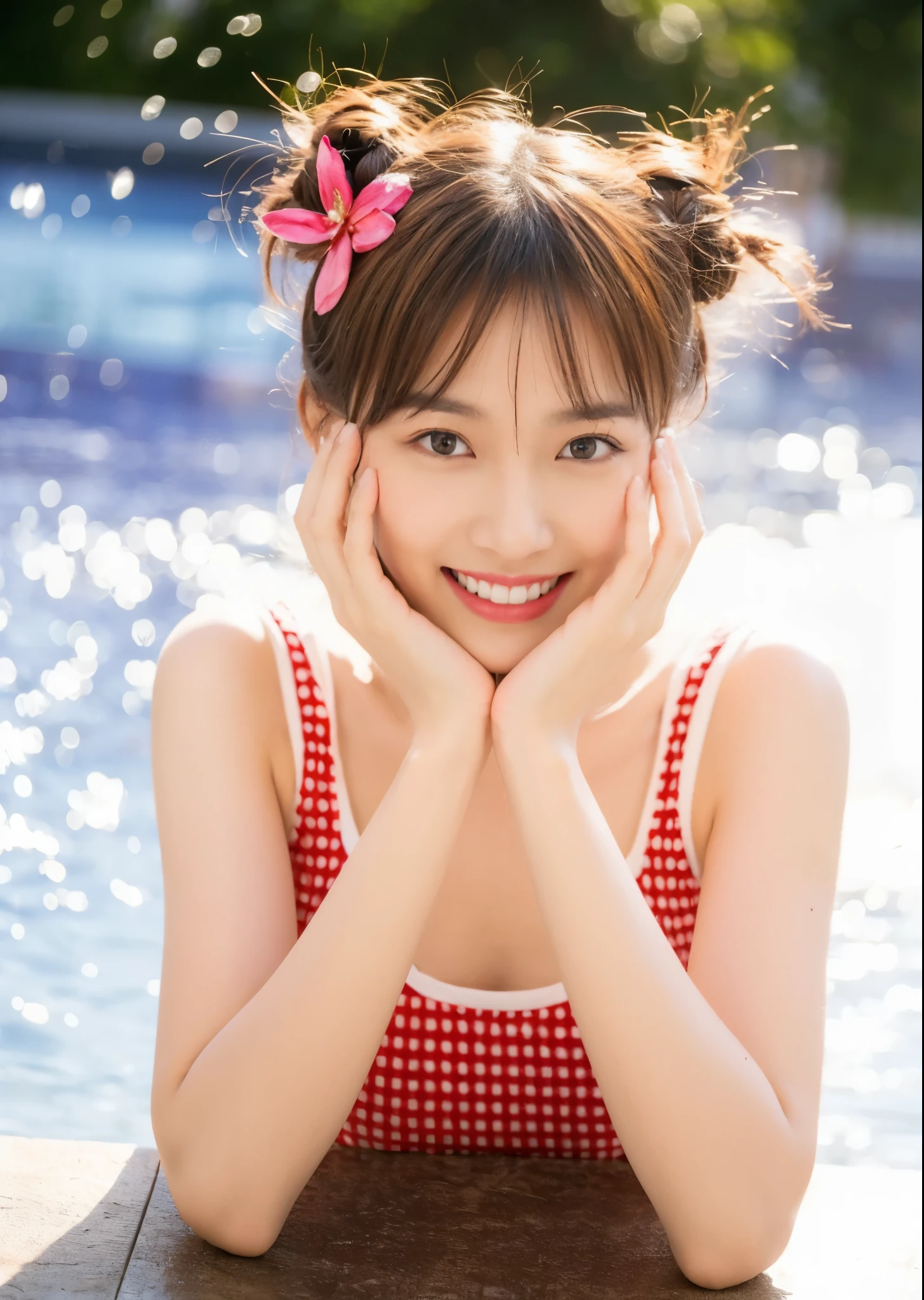 ((Masterpiece, Top image quality, high resolution、alone、skin shiny))(on the table, best quality, actual, super detailed, meticulous, high resolution, 8k wallpaper), Close-up portrait of a beautiful woman, like, smiling, light brown messy hair, Perfect dynamic composition, 美丽meticulous的眼睛, Just like the cover of a fashion magazine, on campus,wearing gold glasses