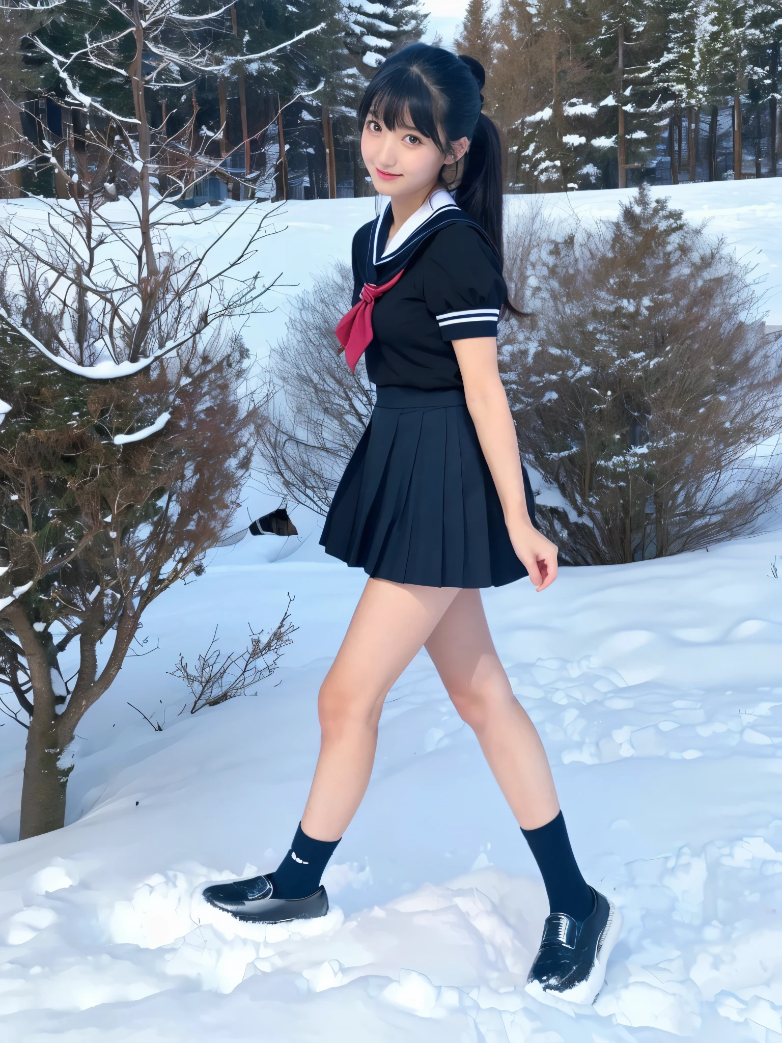 (in 8K、RAW Photos、top-quality、masterpiece:1.2), (realisitic、Photorealsitic:1.37), ultra-detailliert, high resolution, 1girl in, a closeup, Raw feet, A dark-haired, black eyes, japanese, color contact lens, (beautiful legs:1.3), (slender girl:1.4), a beauty girl, (Thin legs:1.3), a sailor suit, , high-school girl, JK, Ultra mini skirt, Dark blue pleated skirt, Short socks, Tri-fold socks, white sock, (short sleeves:1.3), (black loafers shoes:1.3), Full body, (standing:1.2), (heavy snowing:1.1), (deep snow:1.1),(dark_skin:1.3),(tanned_skin:1.3)