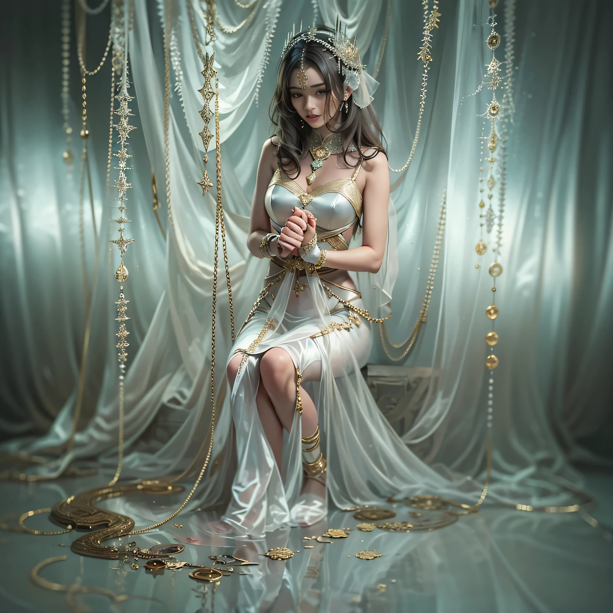 Beautiful woman in vey long translucent satin dress,dreamy background, kneel ,tied up, bondage