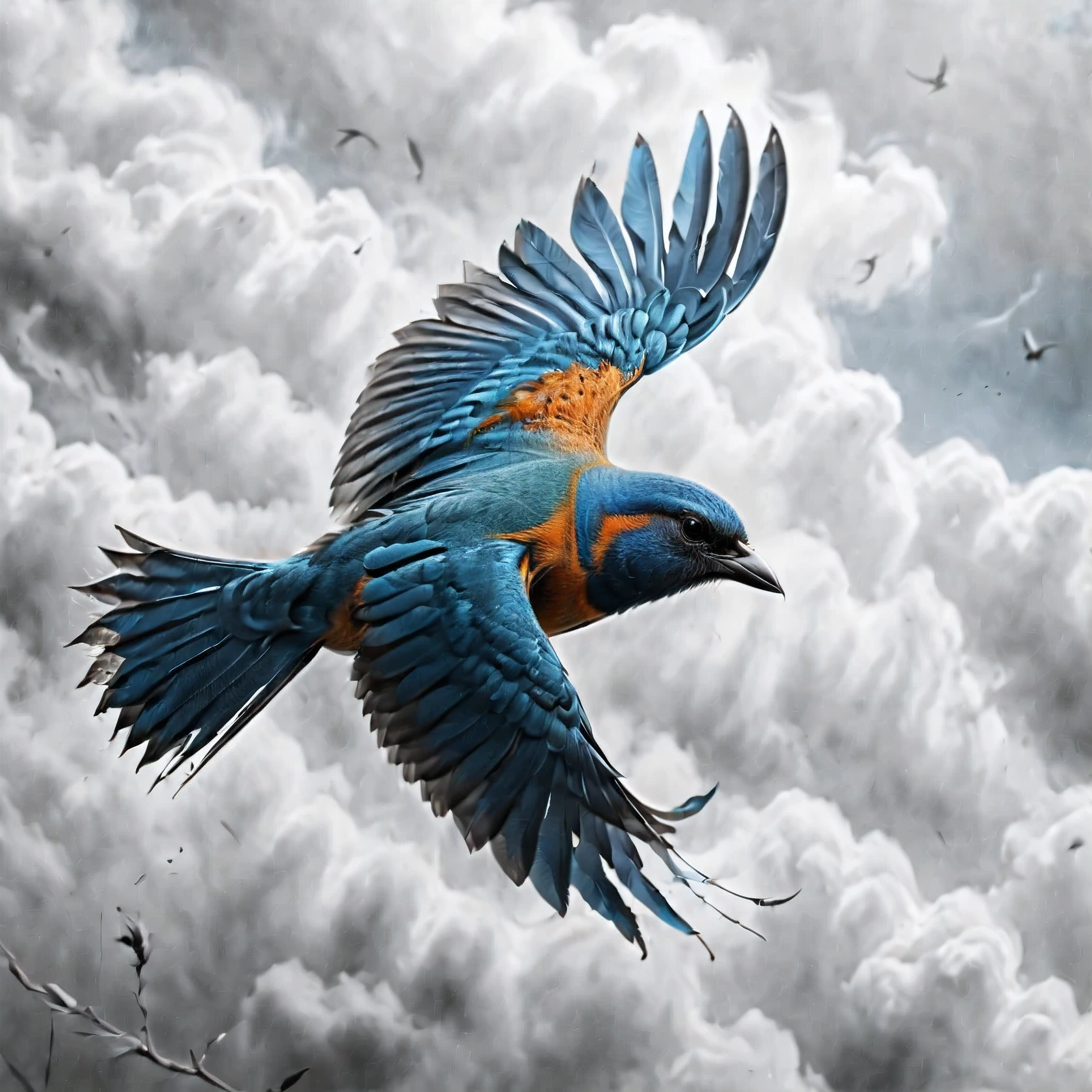 ((Selective color)), Drawing of Majestic Blue Bird flying in the sky, smooth lines, fine art piece, Express expressions and postures through ink contrast, emphasize light, shadow and space. figurative art, (best quality, 4K, 8k, high resolution,masterpiece:1.2) ,(actual, photoactual, photo-actual:1.37).