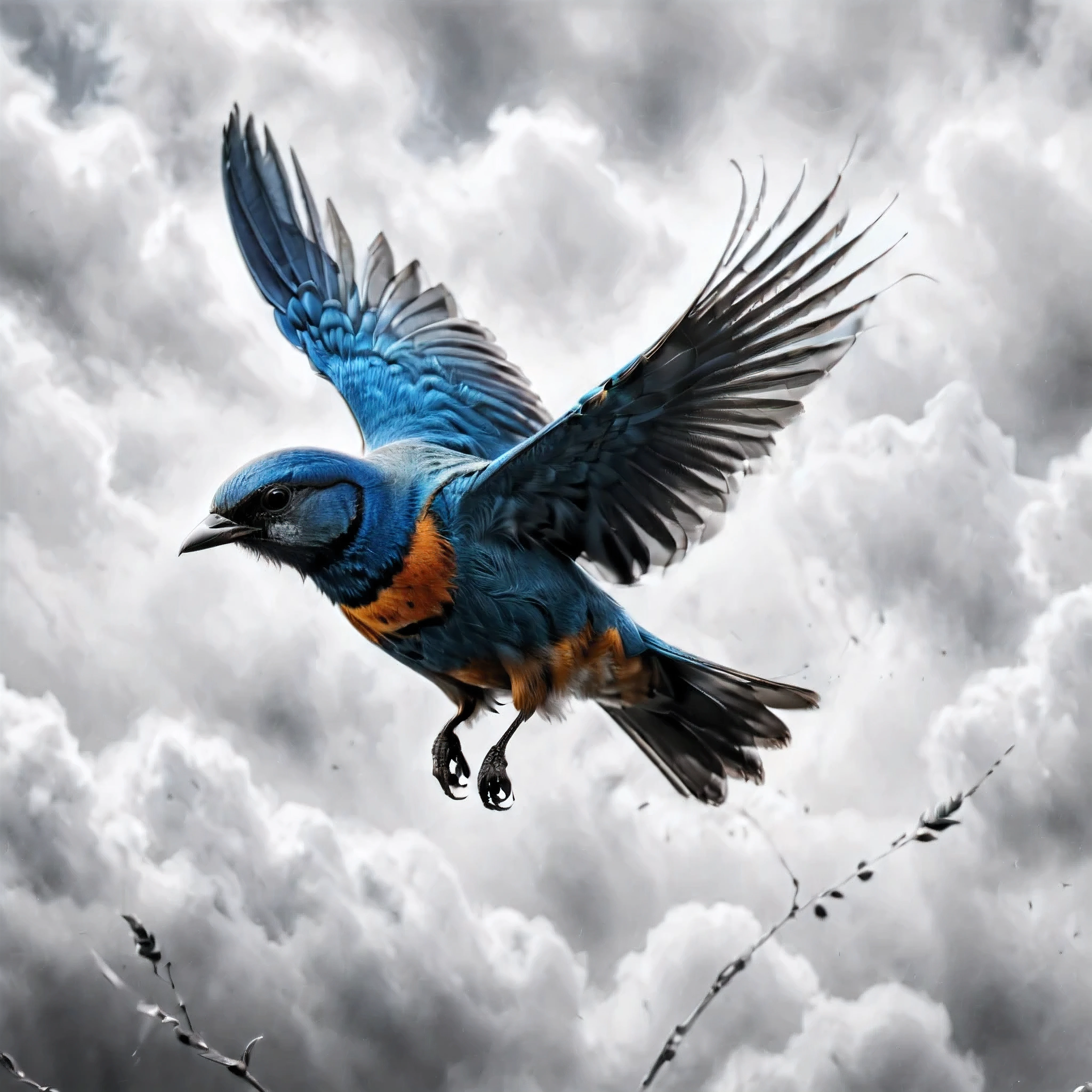 ((Selective color)), Drawing of Majestic Blue Bird flying in the sky, smooth lines, fine art piece, Express expressions and postures through ink contrast, emphasize light, shadow and space. figurative art, (best quality, 4K, 8k, high resolution,masterpiece:1.2) ,(actual, photoactual, photo-actual:1.37).